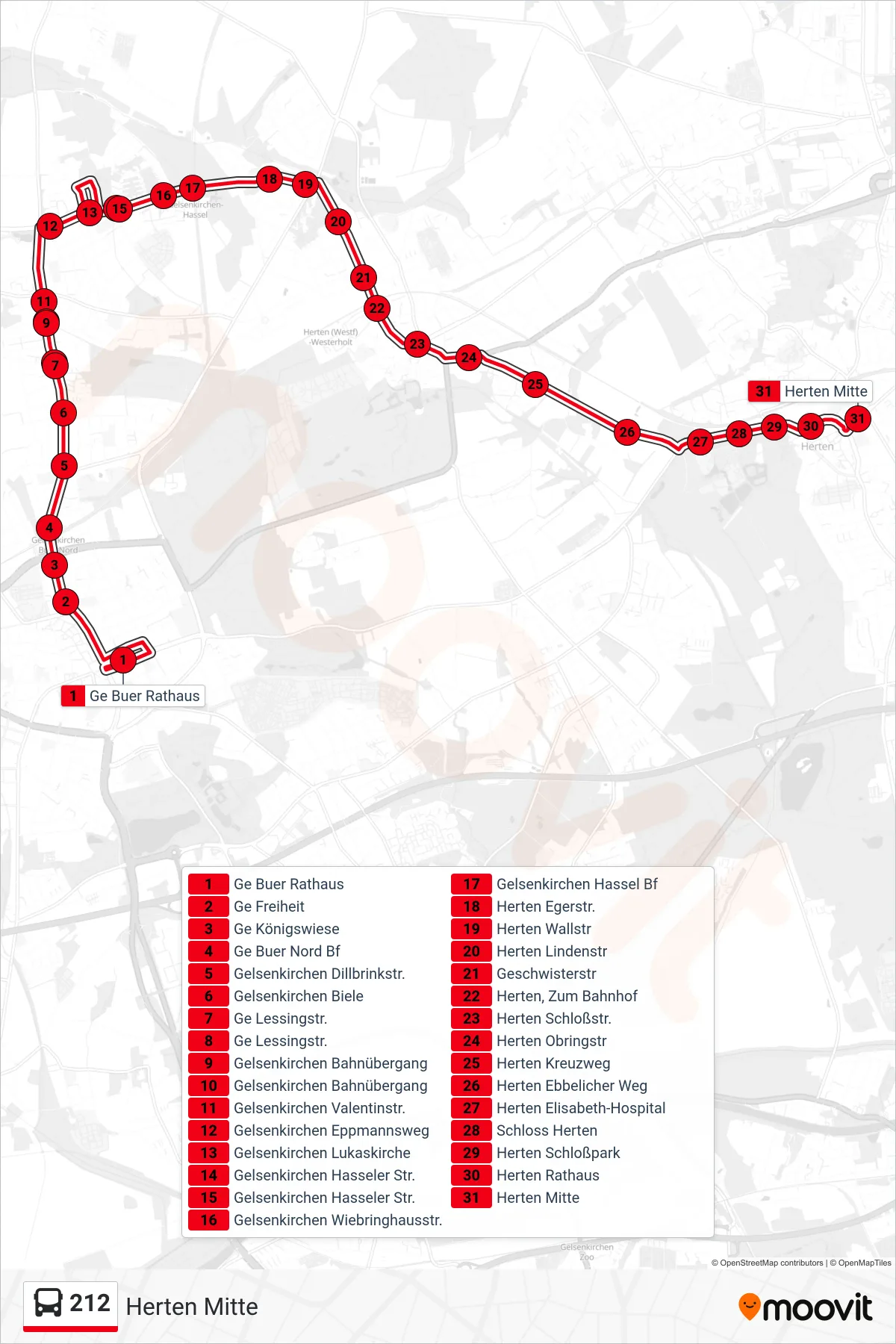 Linie 212 (Bus) Richtung Herten Mitte: Route und Haltestellen auf der Karte