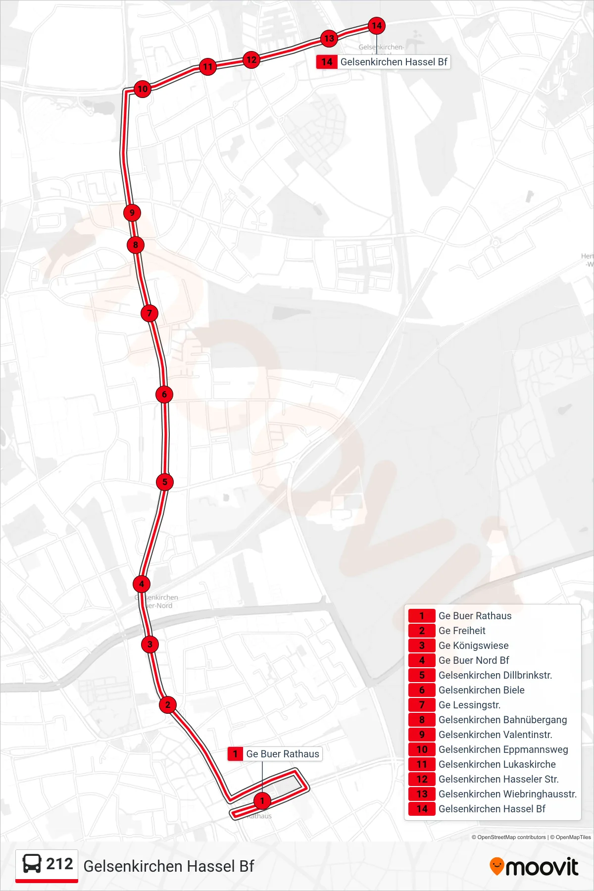 212 bus Line (Gelsenkirchen Hassel Bf) route and stops on a map