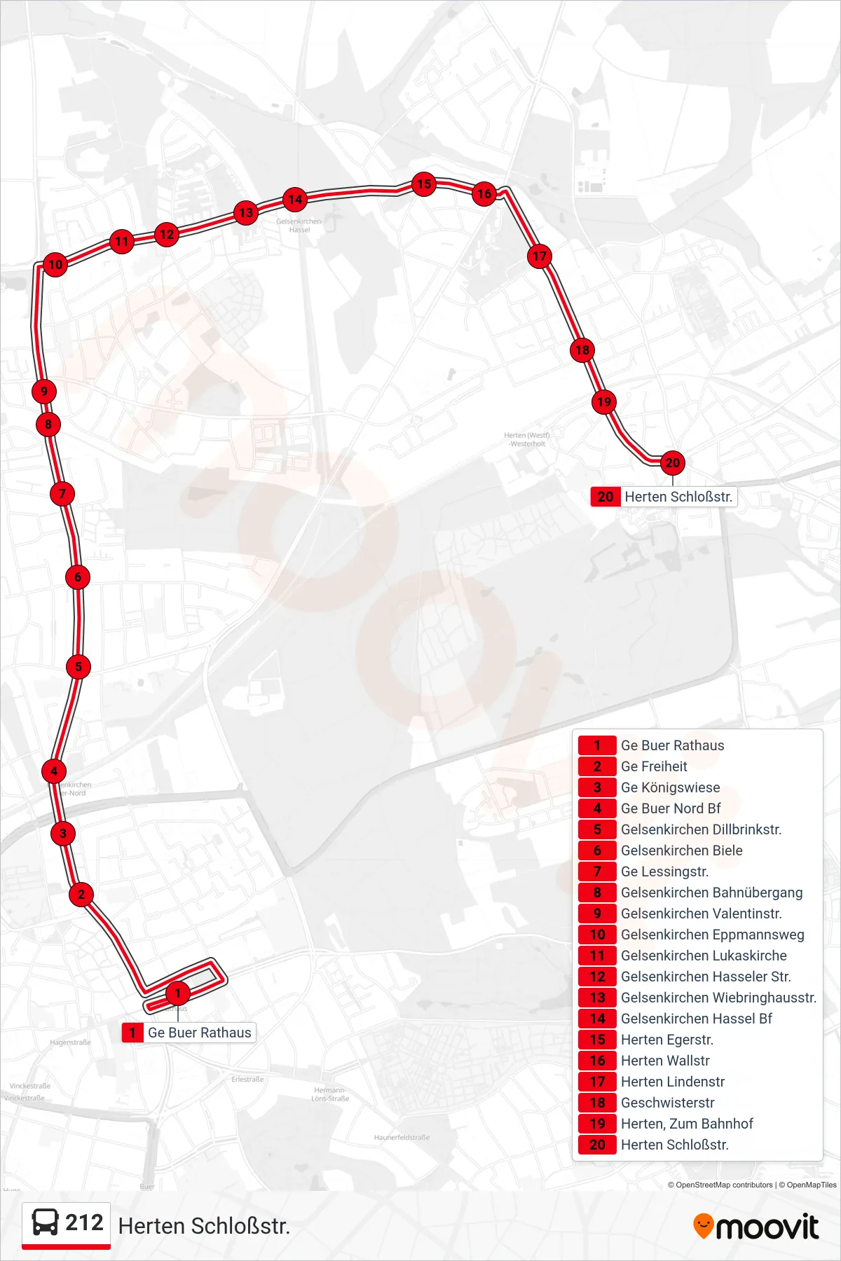 Linie 212 (Bus) Richtung Herten Schloßstr.: Route und Haltestellen auf der Karte