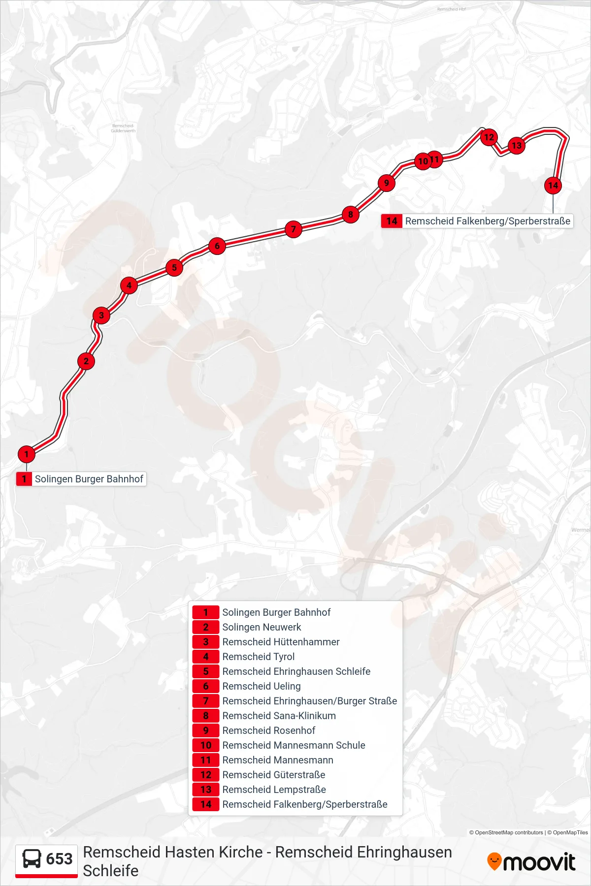 653 bus Line (Remscheid Falkenberg/Sperberstraße) route and stops on a map