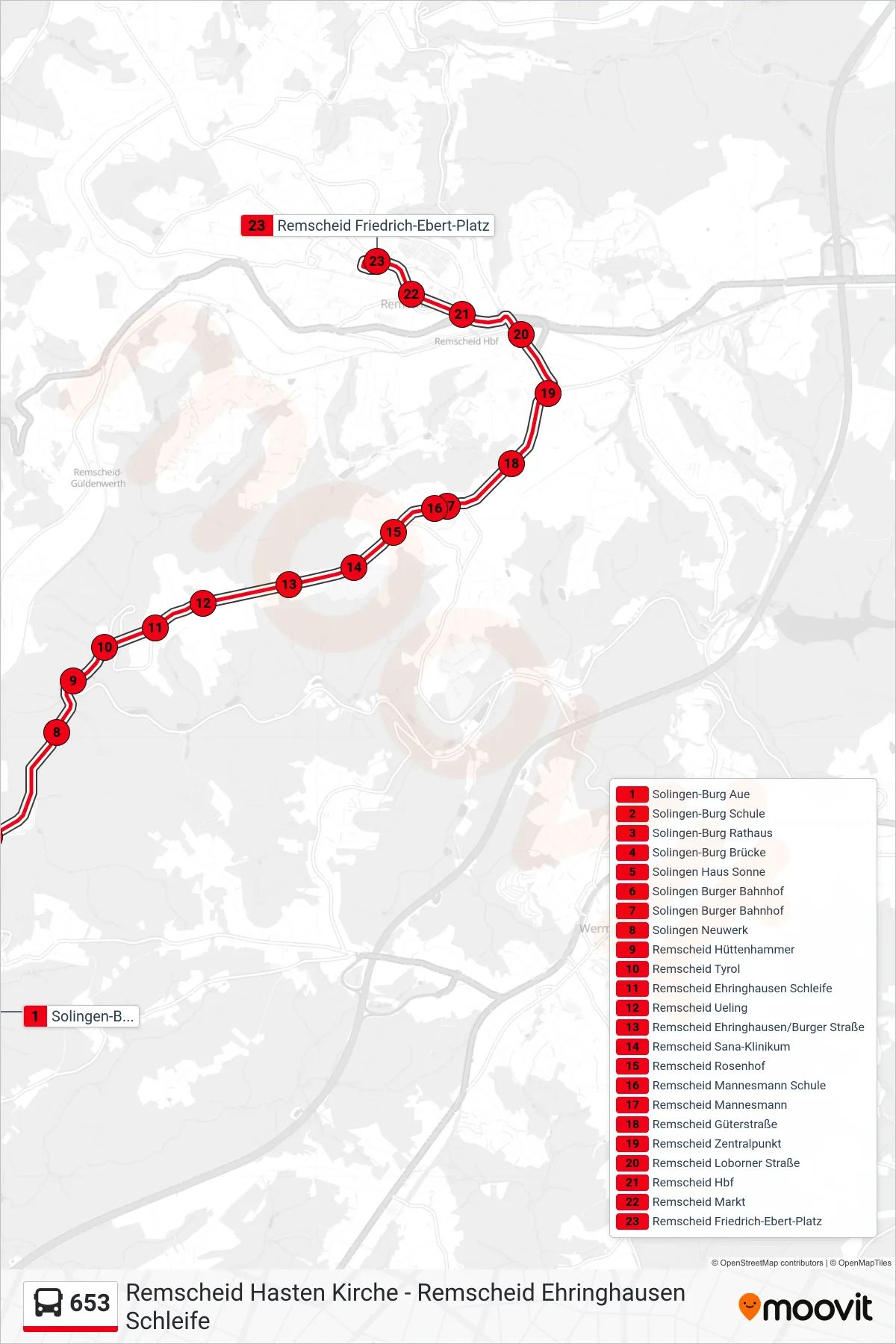 Linie 653 (Bus) Richtung Remscheid Friedrich-Ebert-Platz: Route und Haltestellen auf der Karte