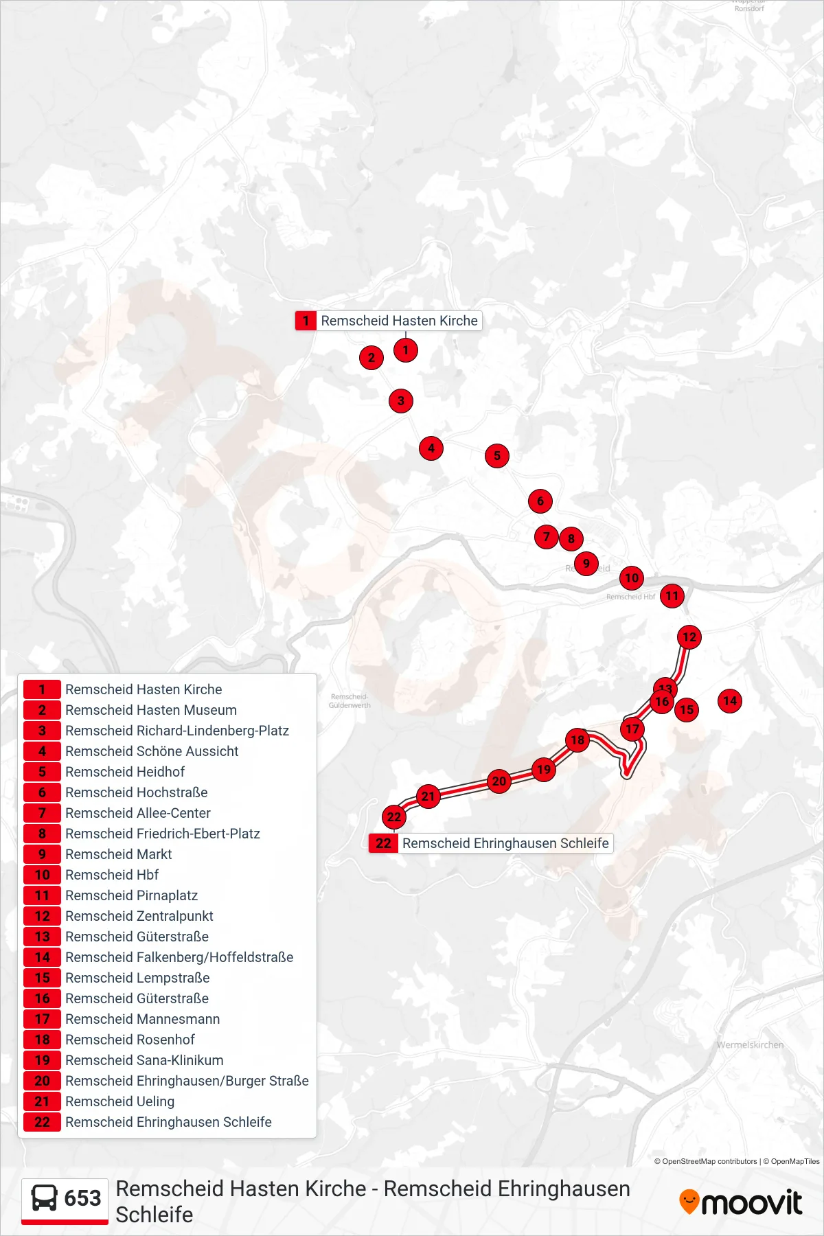 Linie 653 (Bus) Richtung Remscheid Ehringhausen Schleife: Route und Haltestellen auf der Karte