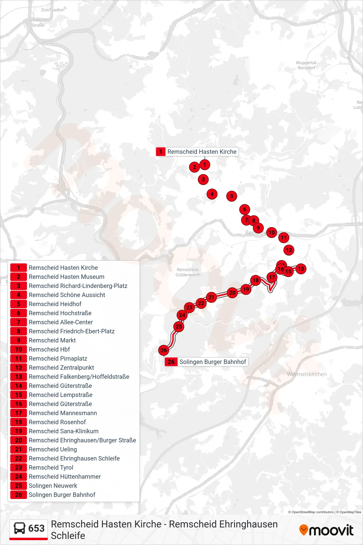 653 bus Line (Solingen Burger Bahnhof) route and stops on a map