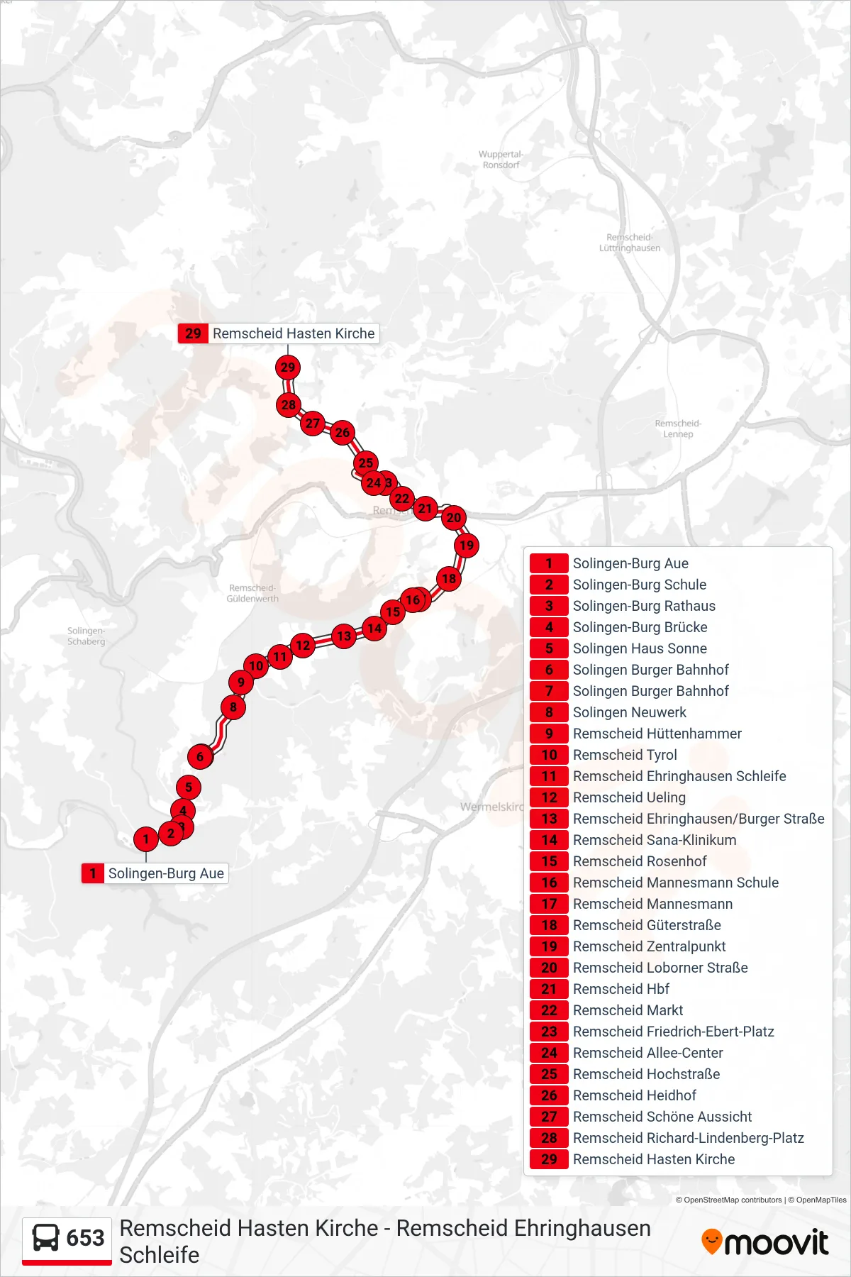 653 bus Line (Remscheid Hasten Kirche) route and stops on a map