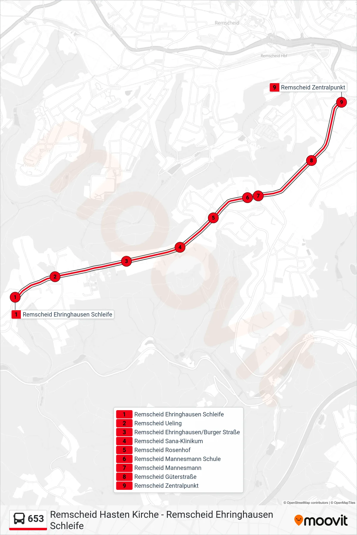 653 bus Line (Remscheid Zentralpunkt) route and stops on a map
