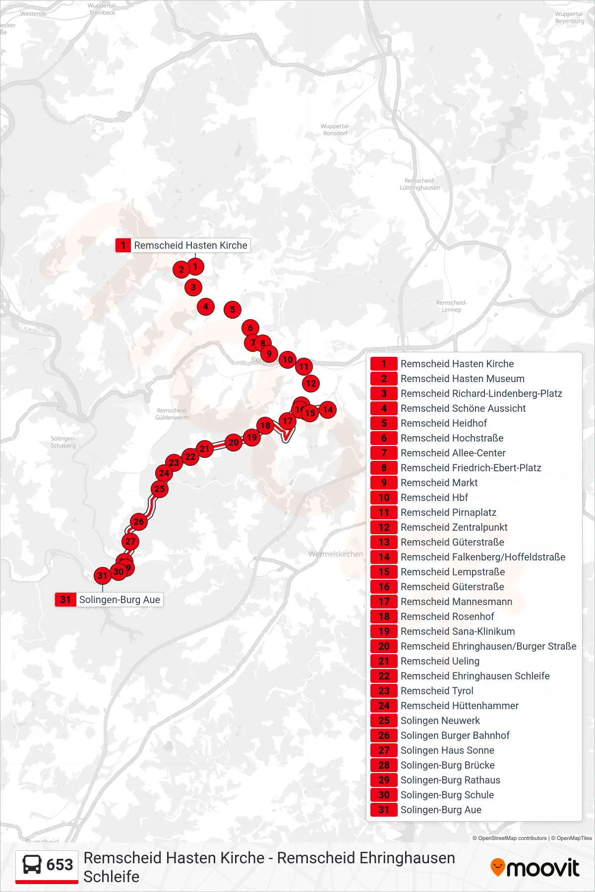 Linie 653 (Bus) Richtung Solingen-Burg Aue: Route und Haltestellen auf der Karte