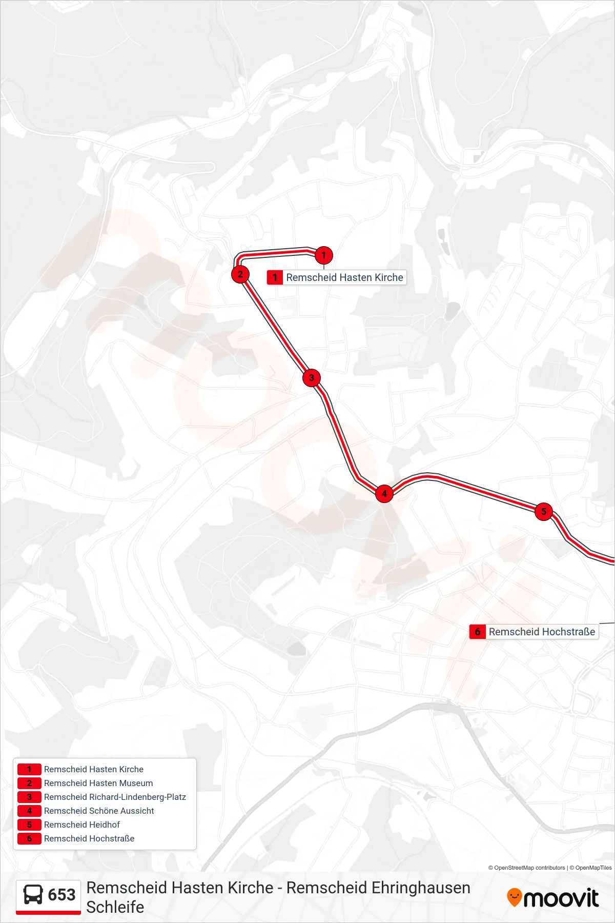 Linie 653 (Bus) Richtung Remscheid Hochstraße: Route und Haltestellen auf der Karte