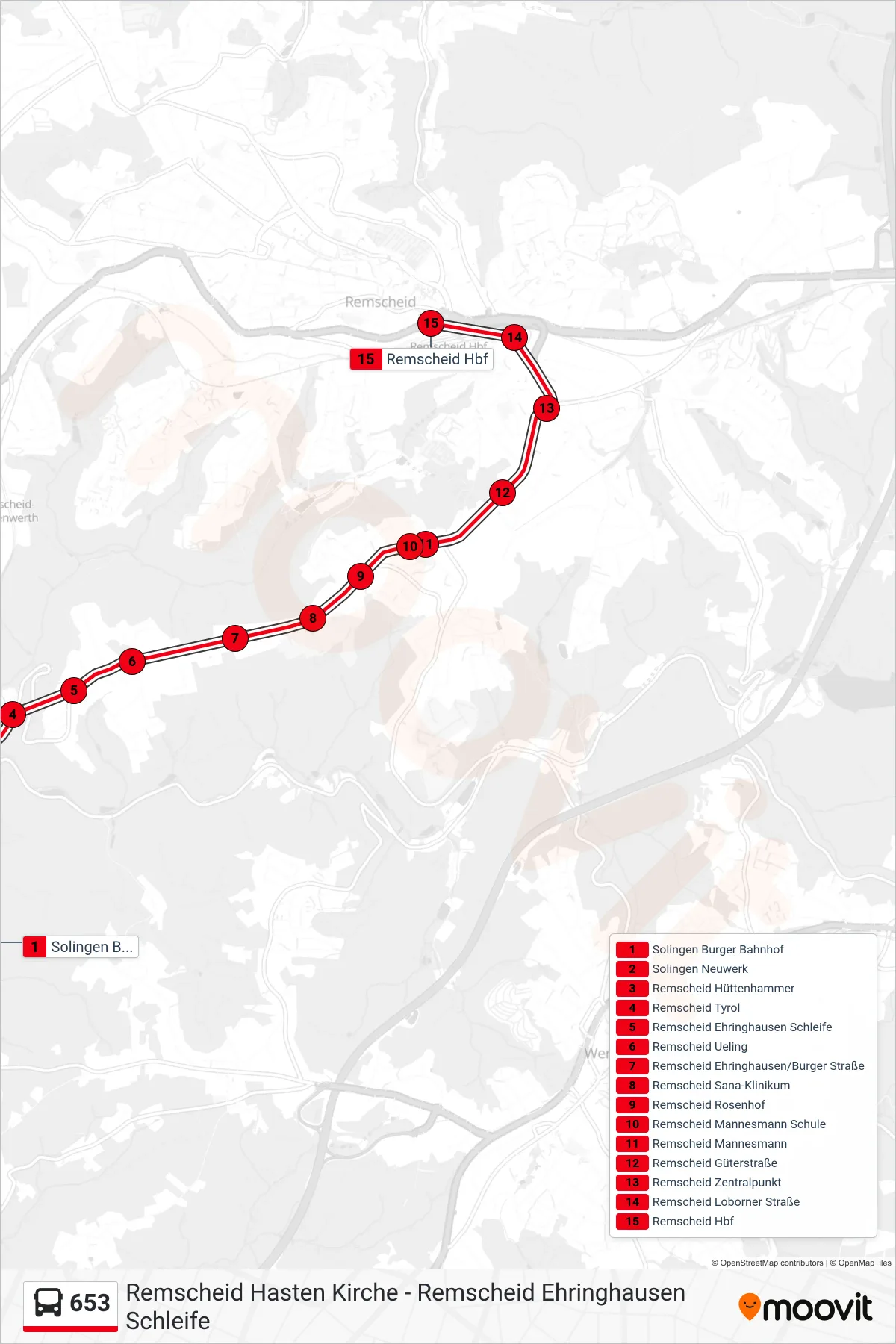 653 bus Line (Remscheid Hbf) route and stops on a map