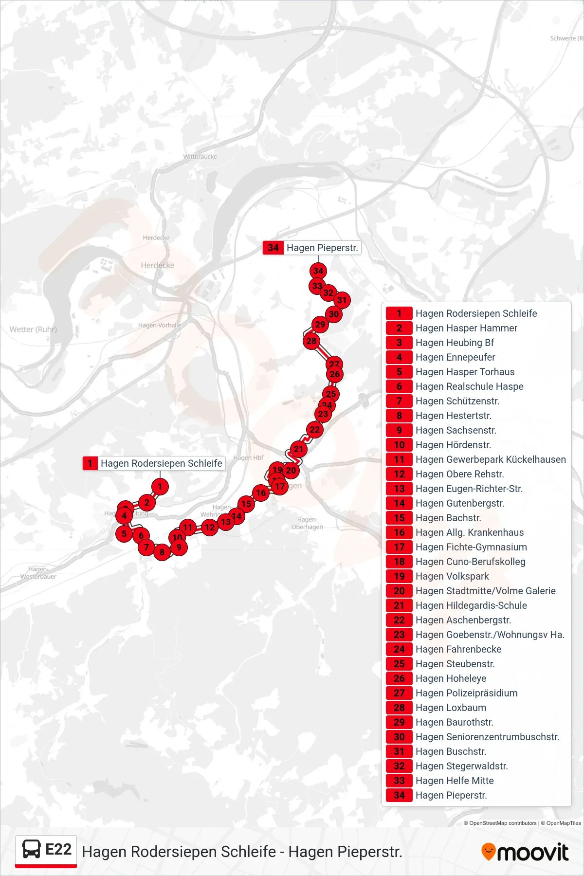Linie E22 (Bus) Richtung Hagen Pieperstr.: Route und Haltestellen auf der Karte