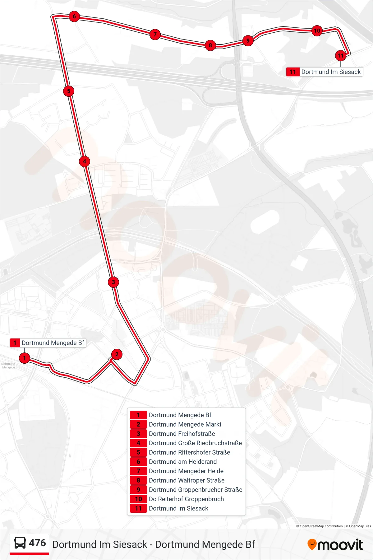 Linie 476 (Bus) Richtung Dortmund Im Siesack: Route und Haltestellen auf der Karte