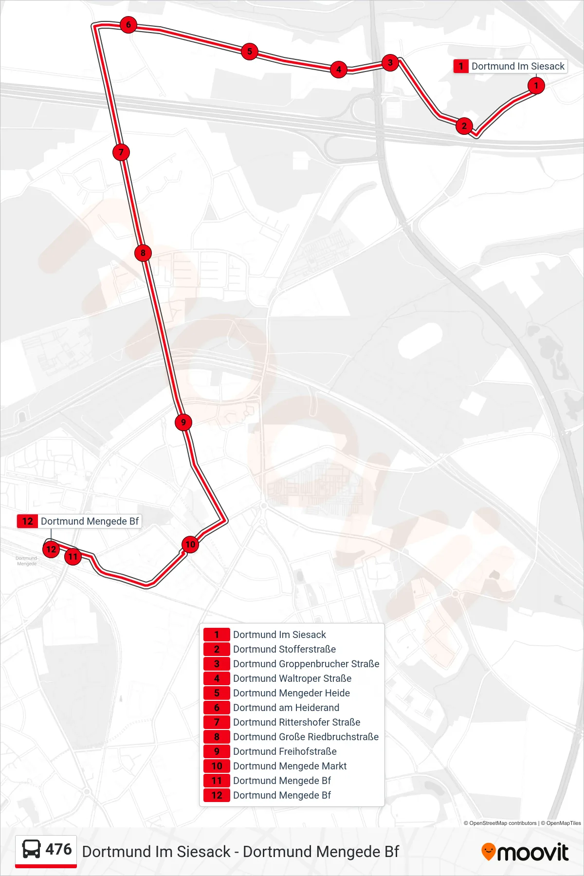Linie 476 (Bus) Richtung Dortmund Mengede Bf: Route und Haltestellen auf der Karte