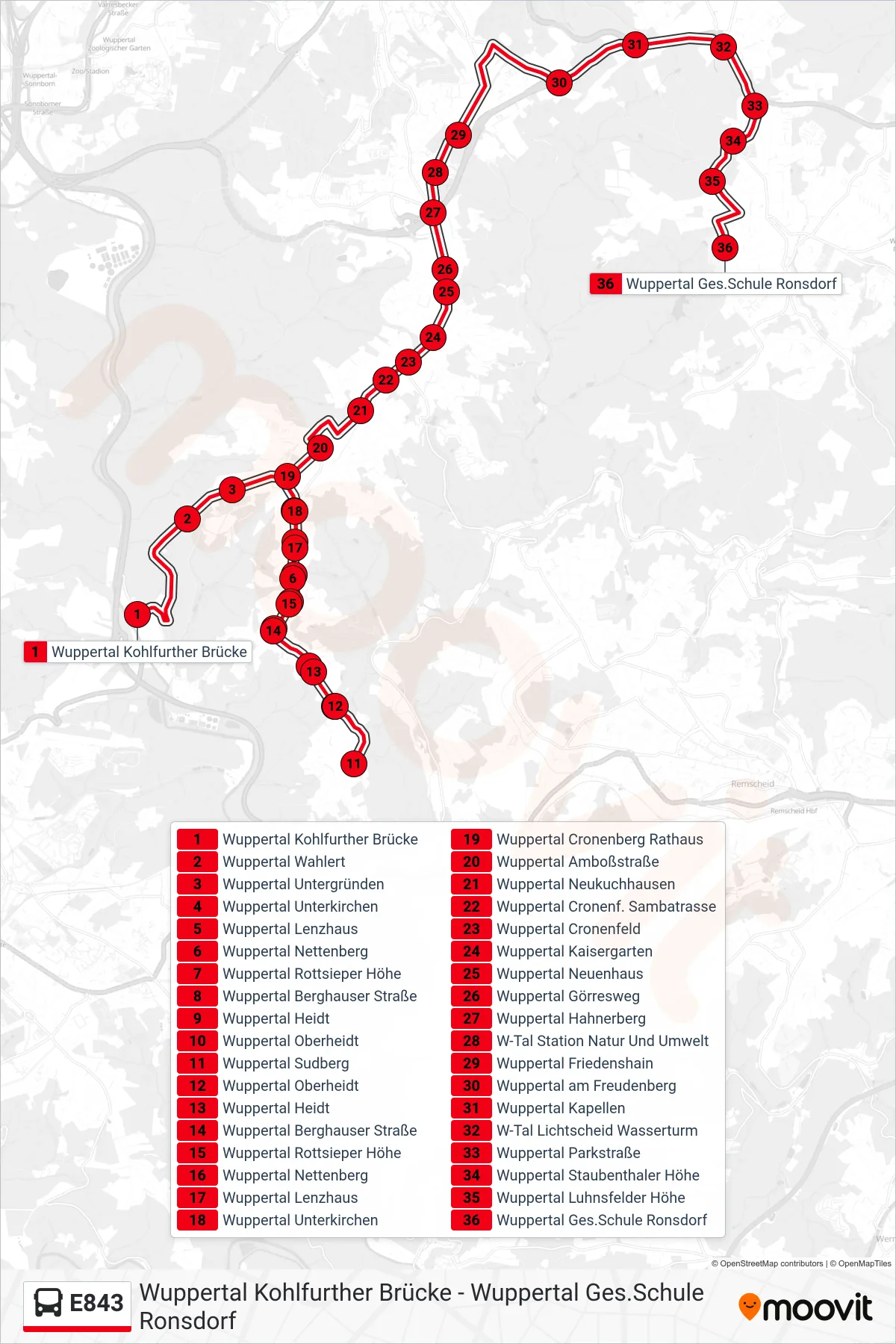 Linie E843 (Bus) Richtung Wuppertal Ges.Schule Ronsdorf: Route und Haltestellen auf der Karte