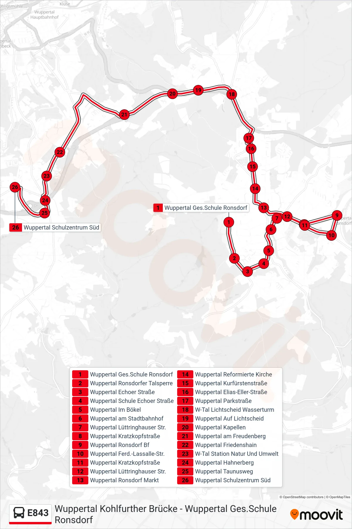 E843 bus Line (Wuppertal Schulzentrum Süd) route and stops on a map