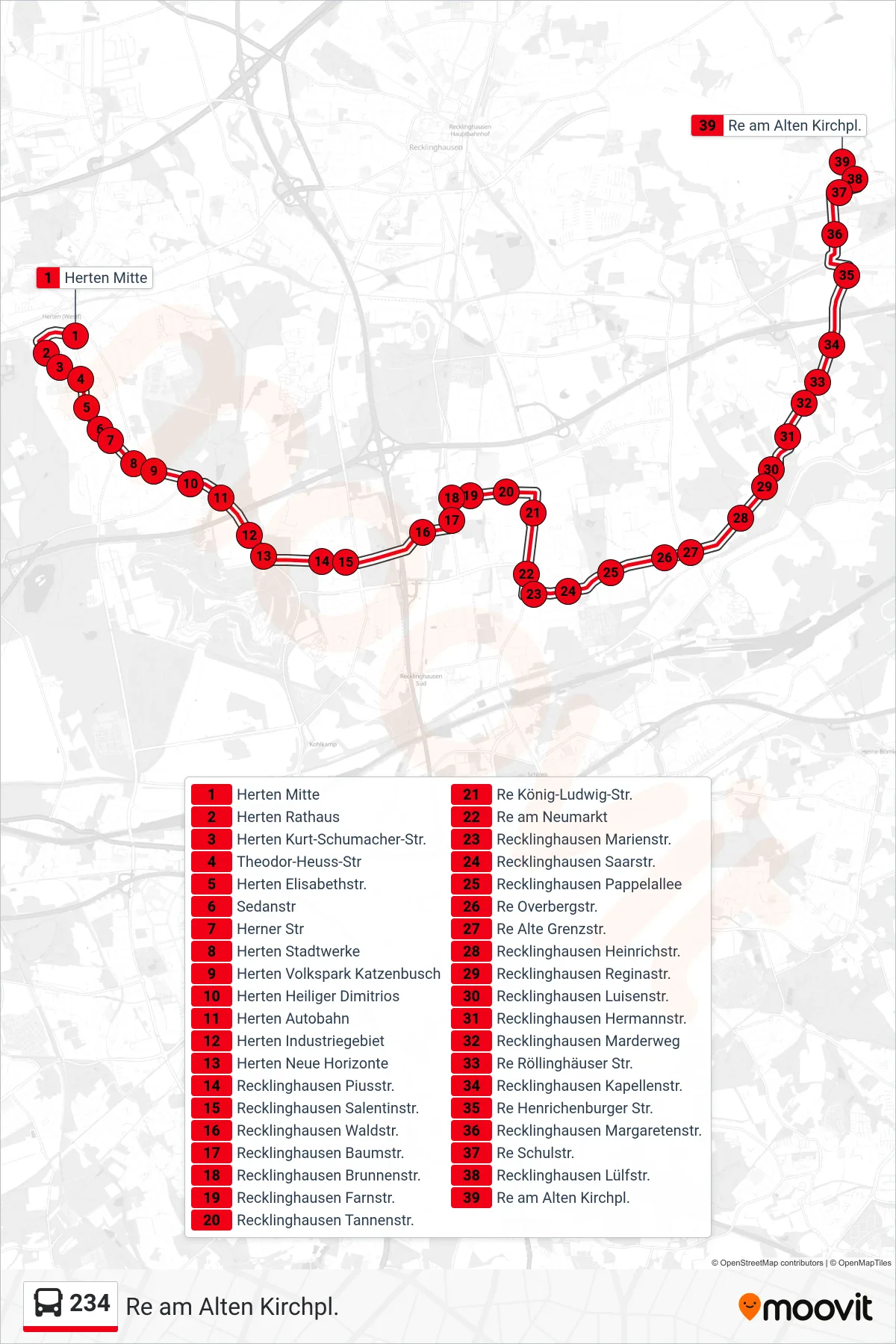 Linie 234 (Bus) Richtung Re am Alten Kirchpl.: Route und Haltestellen auf der Karte