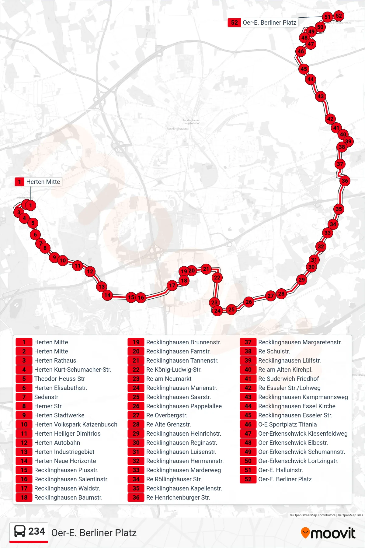 234 bus Line (Oer-E. Berliner Platz) route and stops on a map