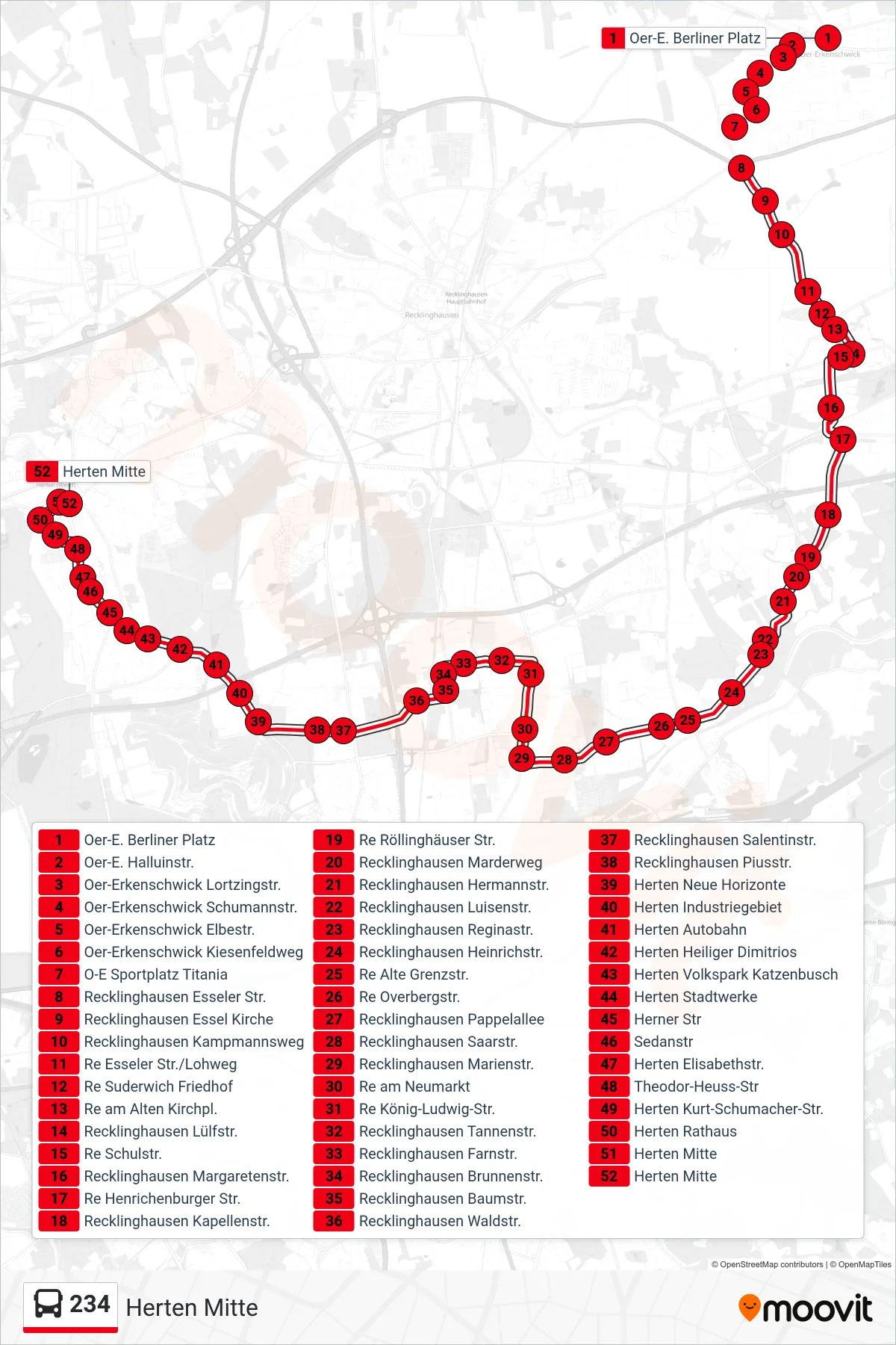 234 bus Line (Herten Mitte) route and stops on a map