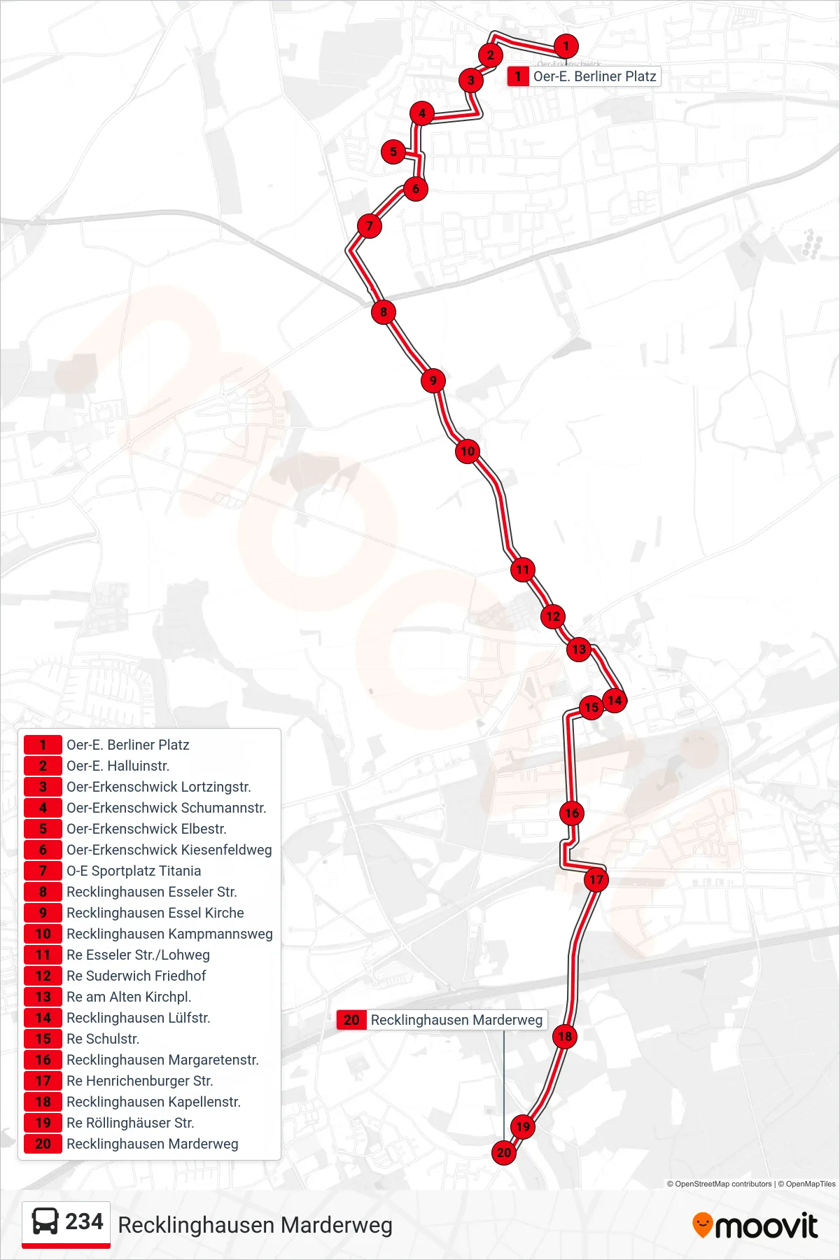 Linie 234 (Bus) Richtung Recklinghausen Marderweg: Route und Haltestellen auf der Karte