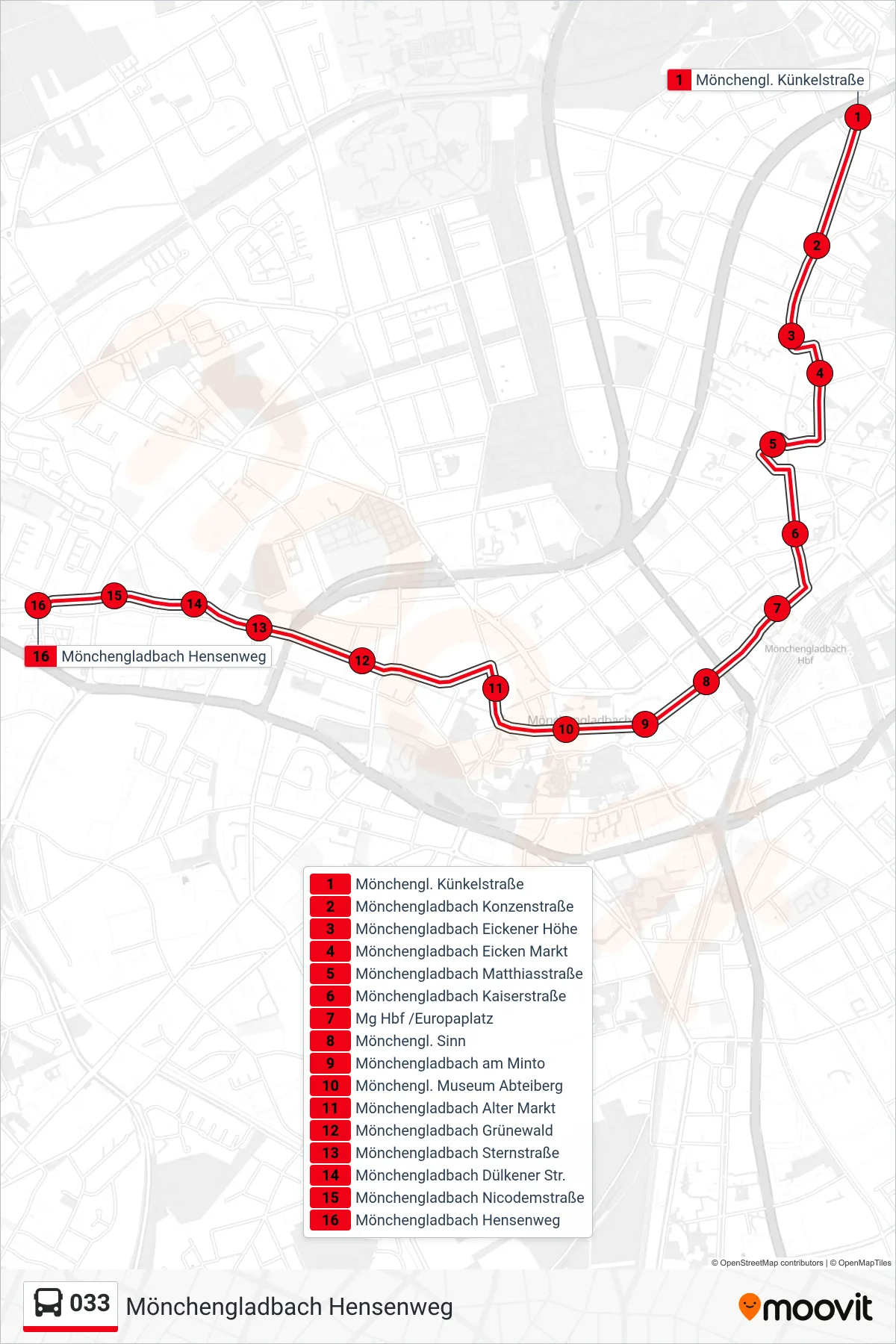 033 bus Line (Mönchengladbach Hensenweg) route and stops on a map