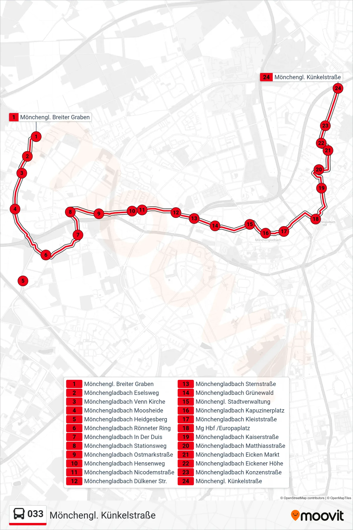 Linie 033 (Bus) Richtung Mönchengl. Künkelstraße: Route und Haltestellen auf der Karte