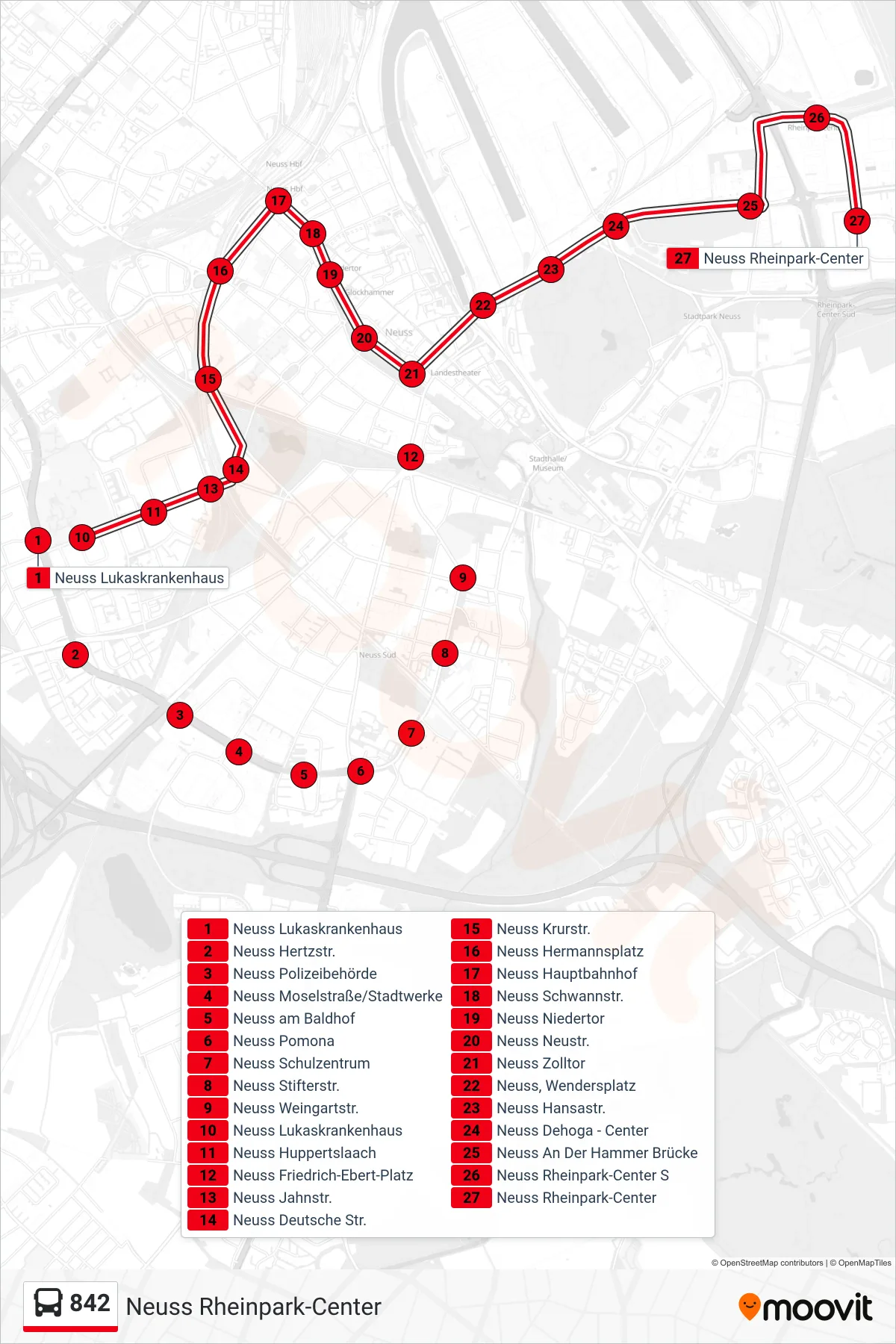Linie 842 (Bus) Richtung Neuss Rheinpark-Center: Route und Haltestellen auf der Karte