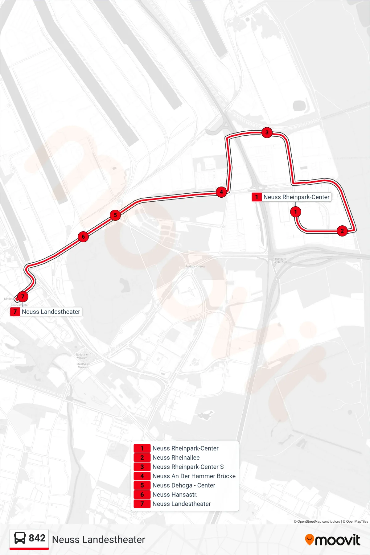 842 bus Line (Neuss Landestheater) route and stops on a map