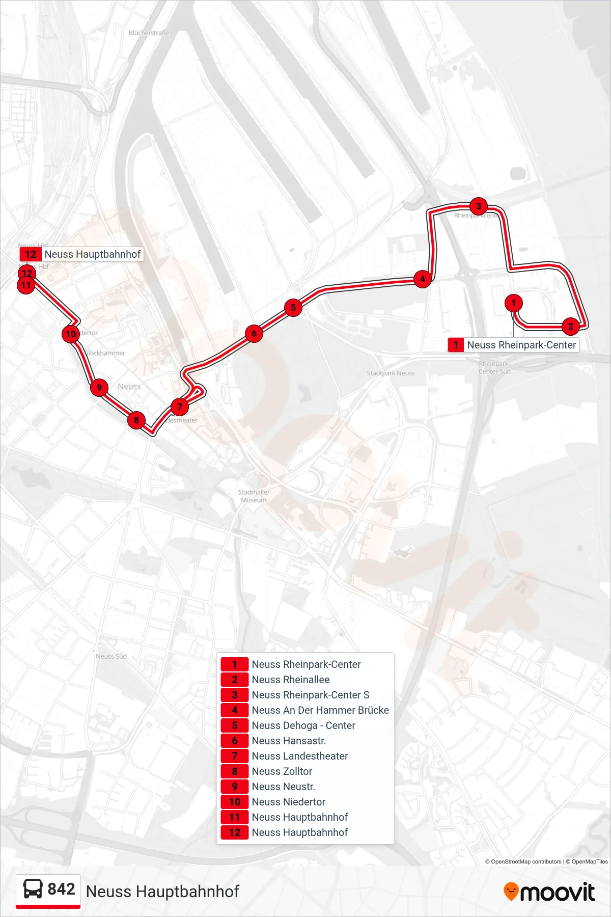 842 bus Line (Neuss Hauptbahnhof) route and stops on a map