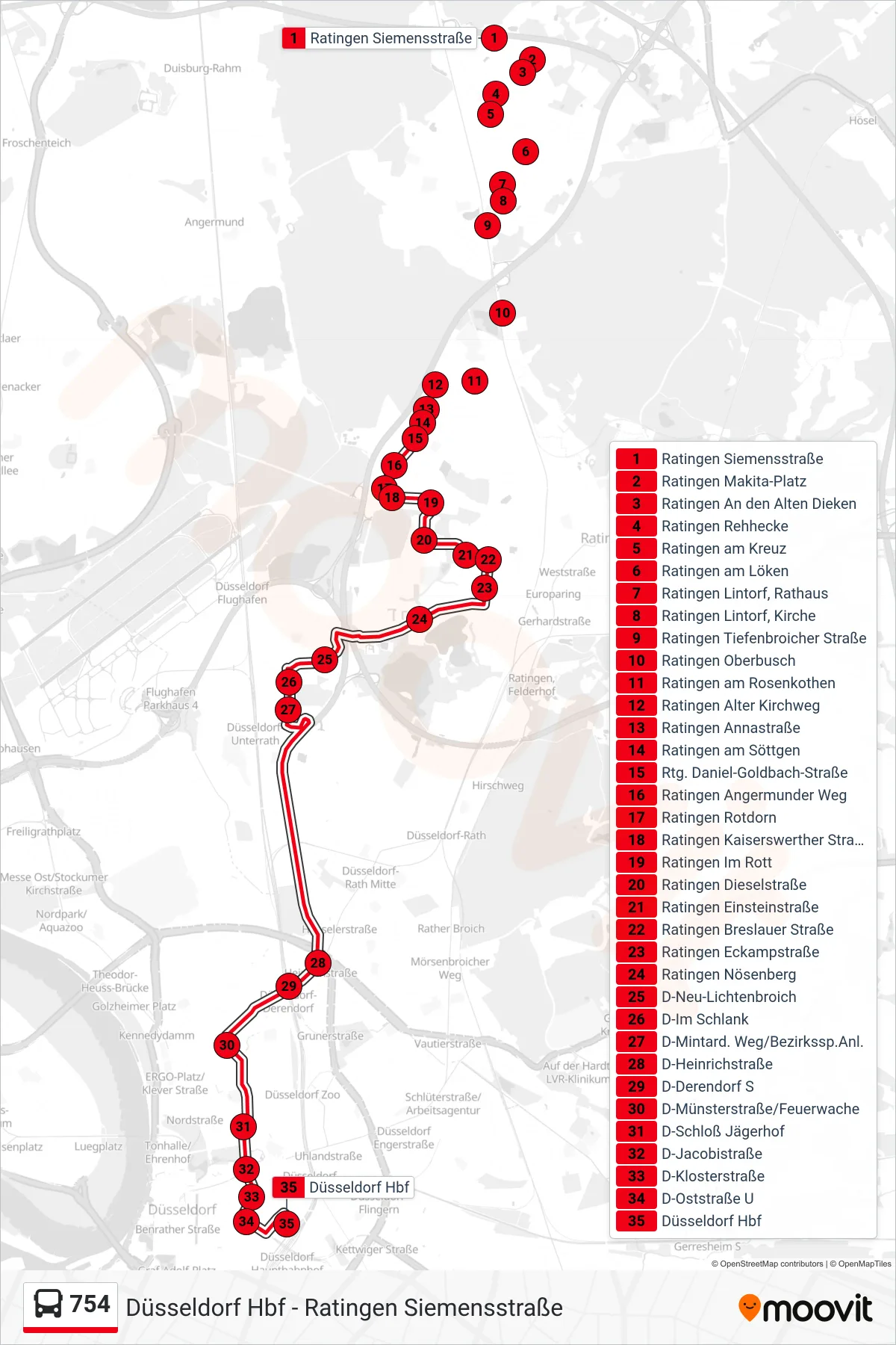 Linie 754 (Bus) Richtung Düsseldorf Hbf: Route und Haltestellen auf der Karte