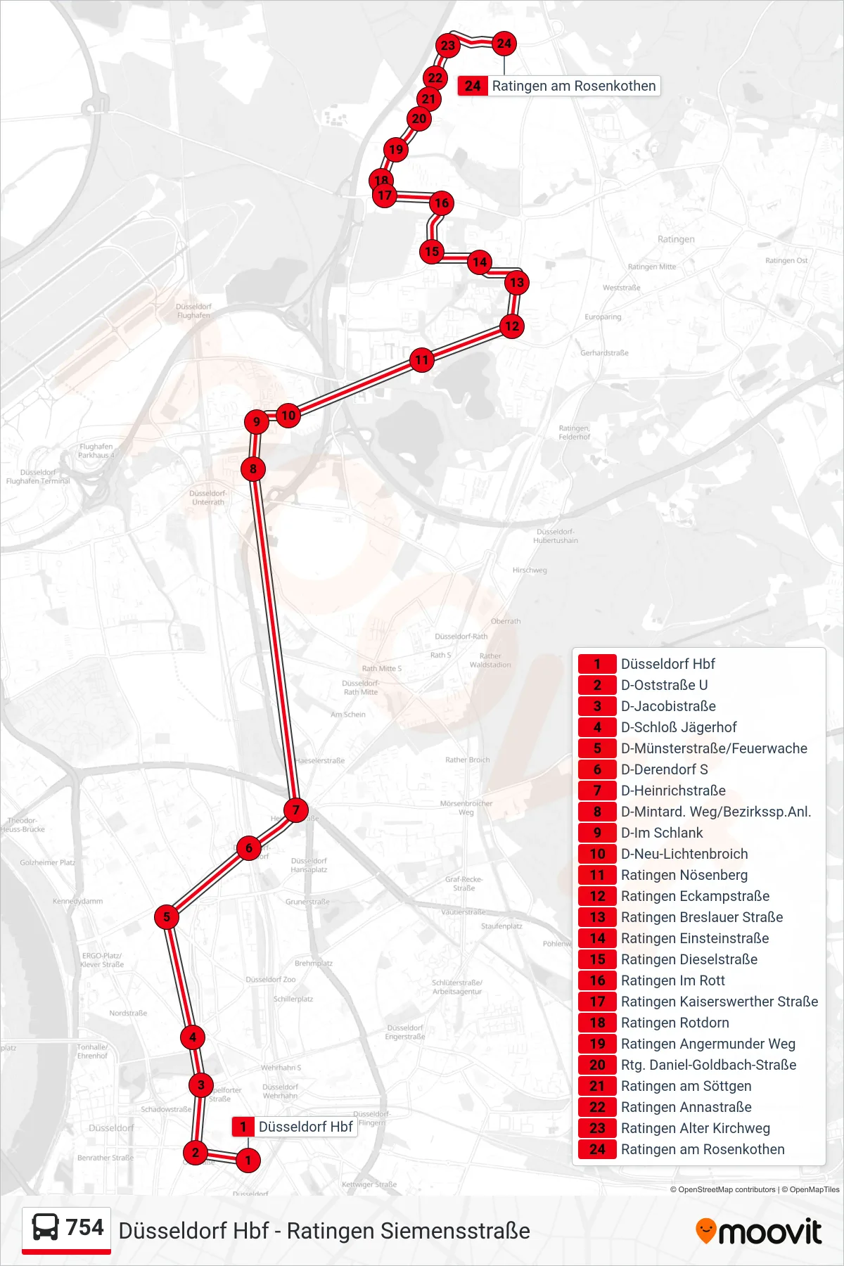 Linie 754 (Bus) Richtung Ratingen am Rosenkothen: Route und Haltestellen auf der Karte