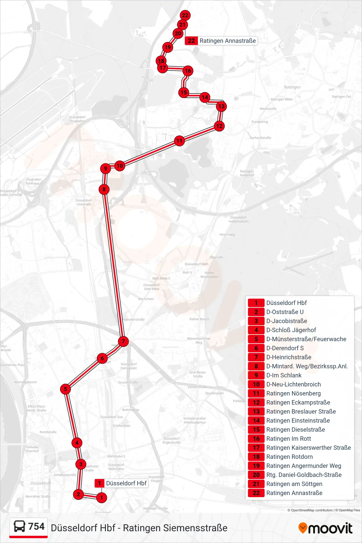 754 bus Line (Ratingen Annastraße) route and stops on a map