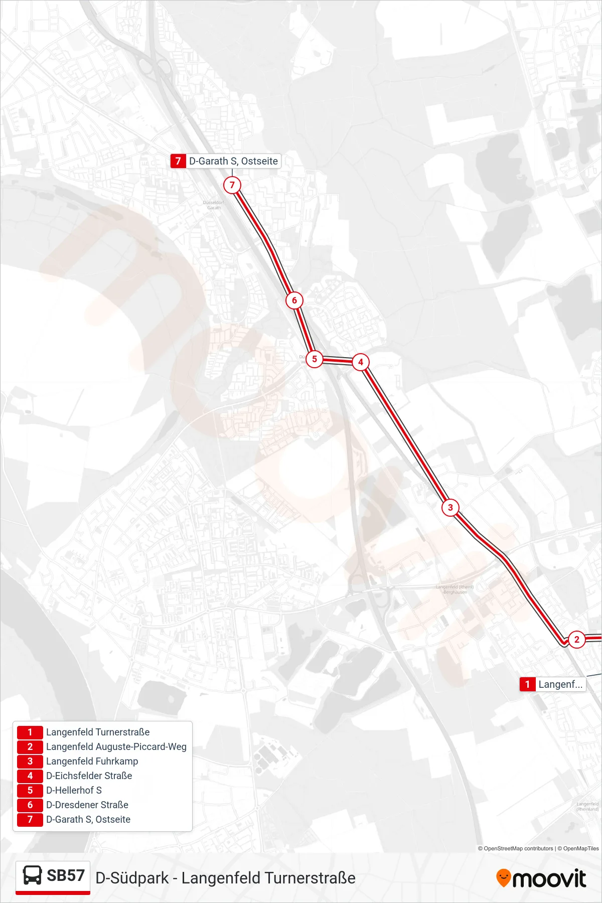 SB57 bus Line (D-Garath S, Ostseite) route and stops on a map