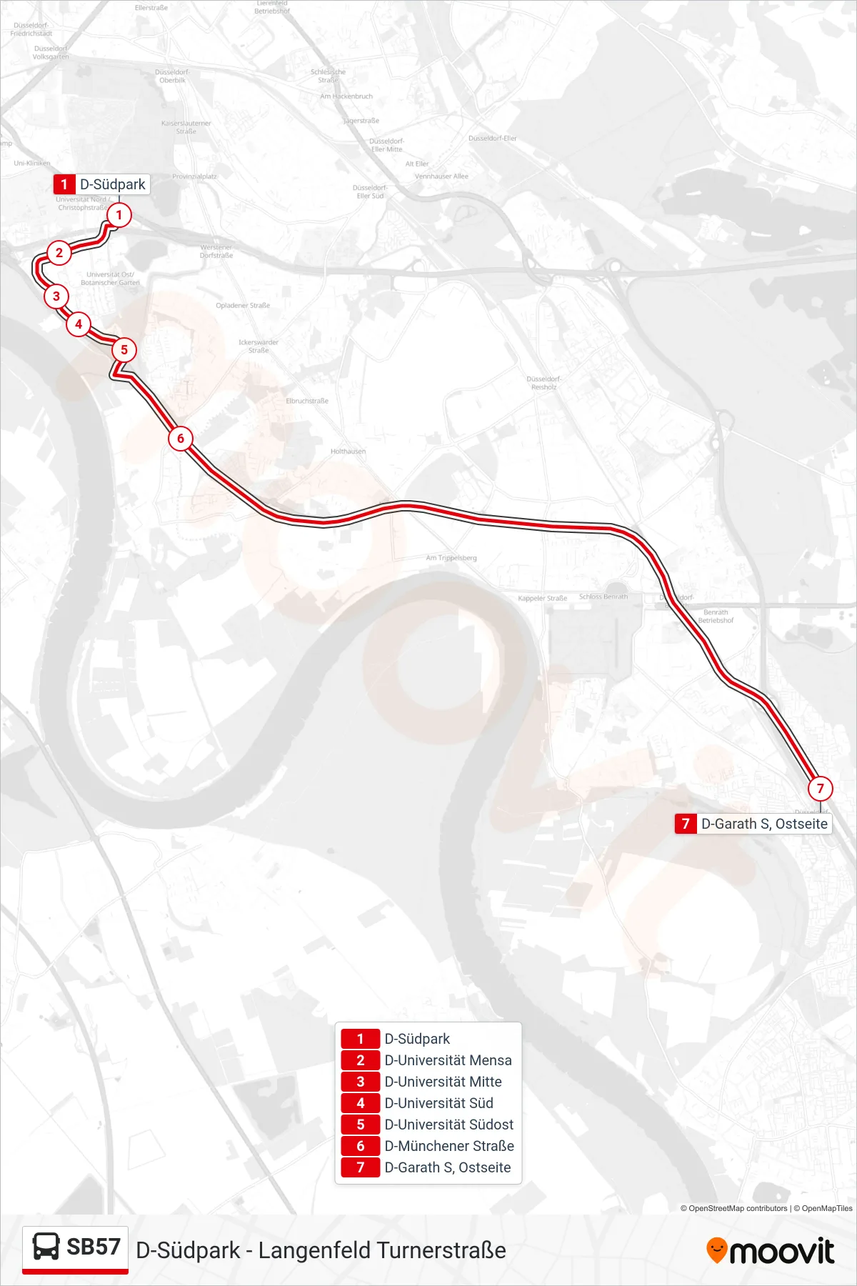 Linie SB57 (Bus) Richtung D-Garath S, Ostseite: Route und Haltestellen auf der Karte