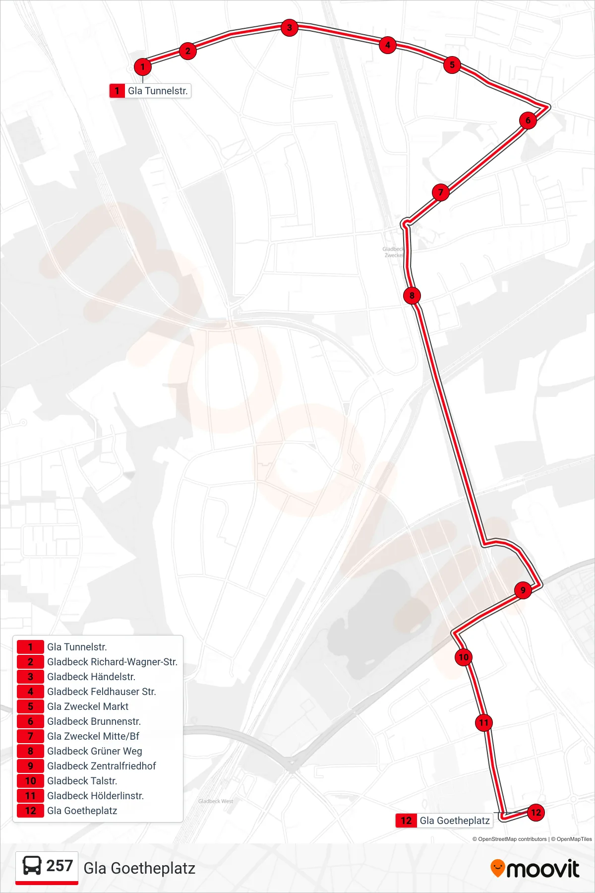 Linie 257 (Bus) Richtung Gla Goetheplatz: Route und Haltestellen auf der Karte