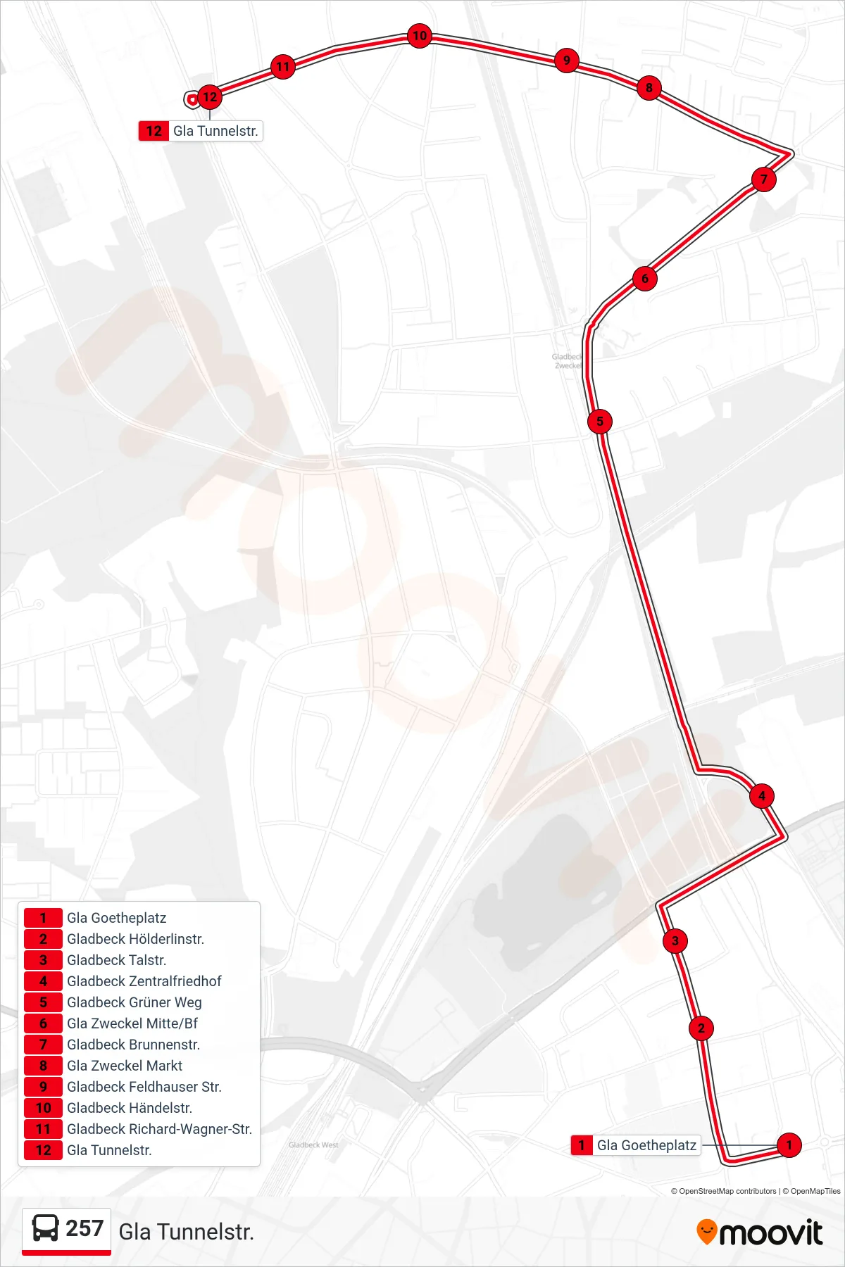 257 bus Line (Gla Tunnelstr.) route and stops on a map