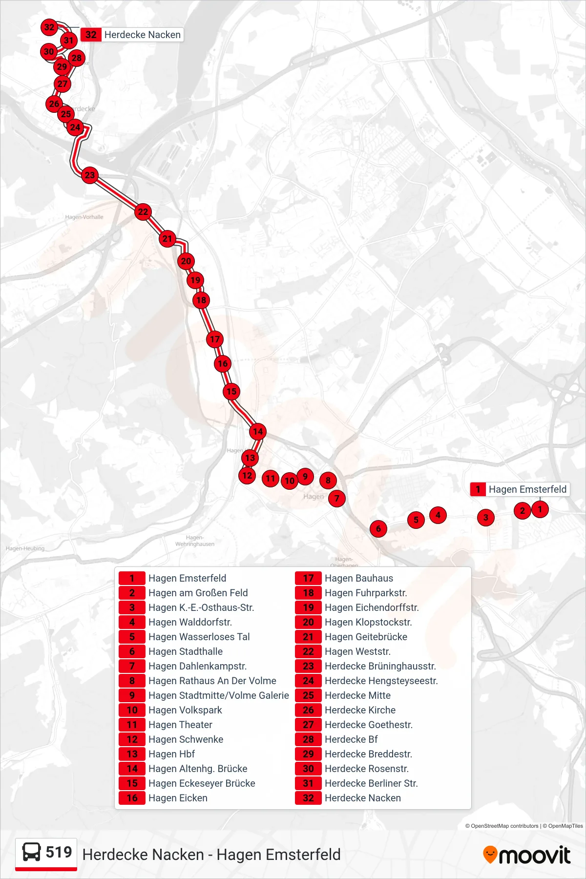 Linie 519 (Bus) Richtung Herdecke Nacken: Route und Haltestellen auf der Karte