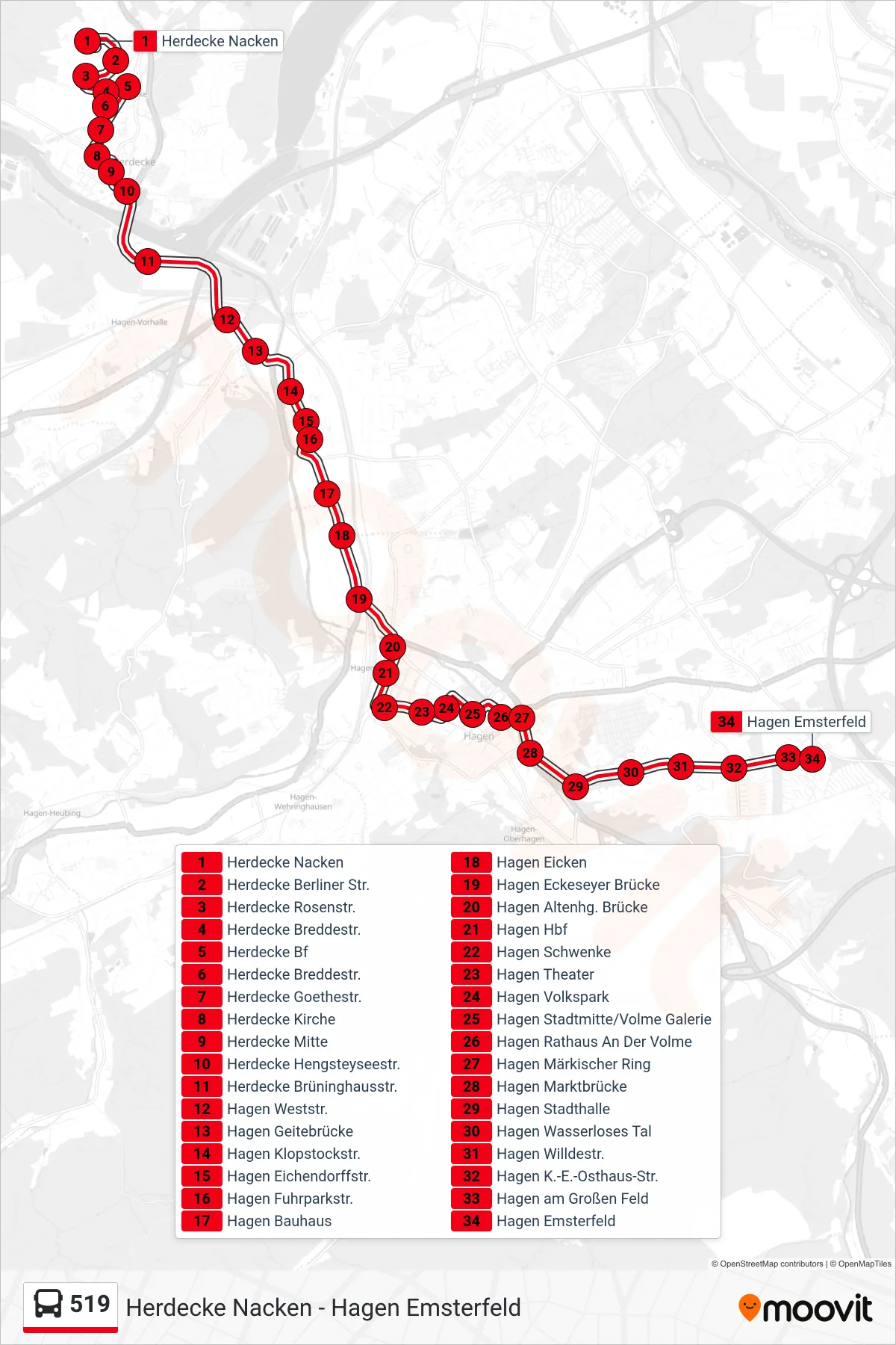 519 bus Line (Hagen Emsterfeld) route and stops on a map