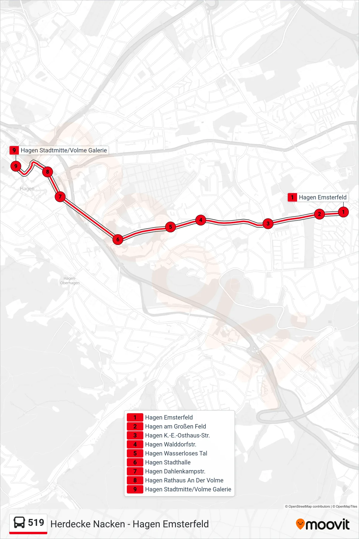 Linie 519 (Bus) Richtung Hagen Stadtmitte/Volme Galerie: Route und Haltestellen auf der Karte