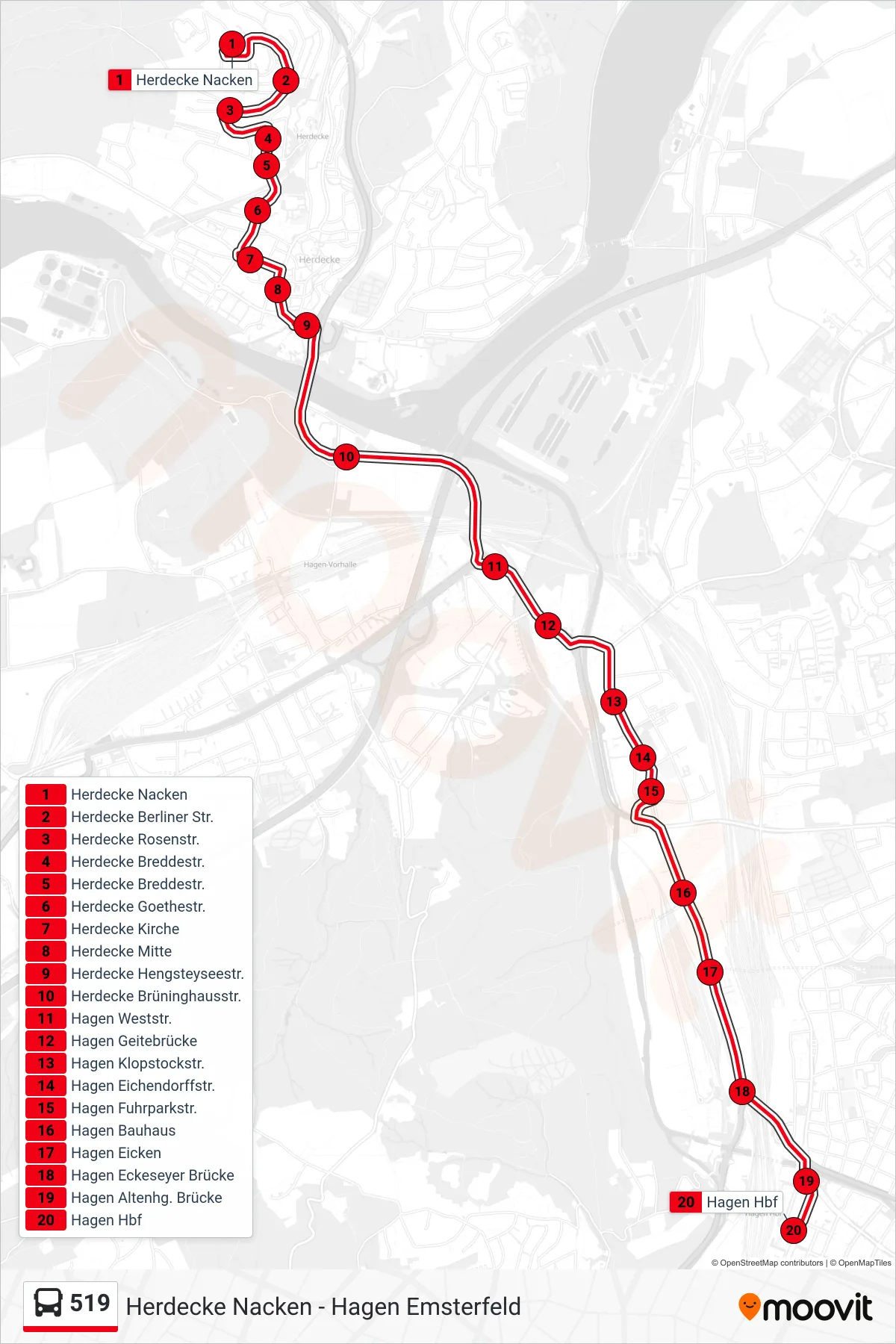 519 bus Line (Hagen Hbf) route and stops on a map