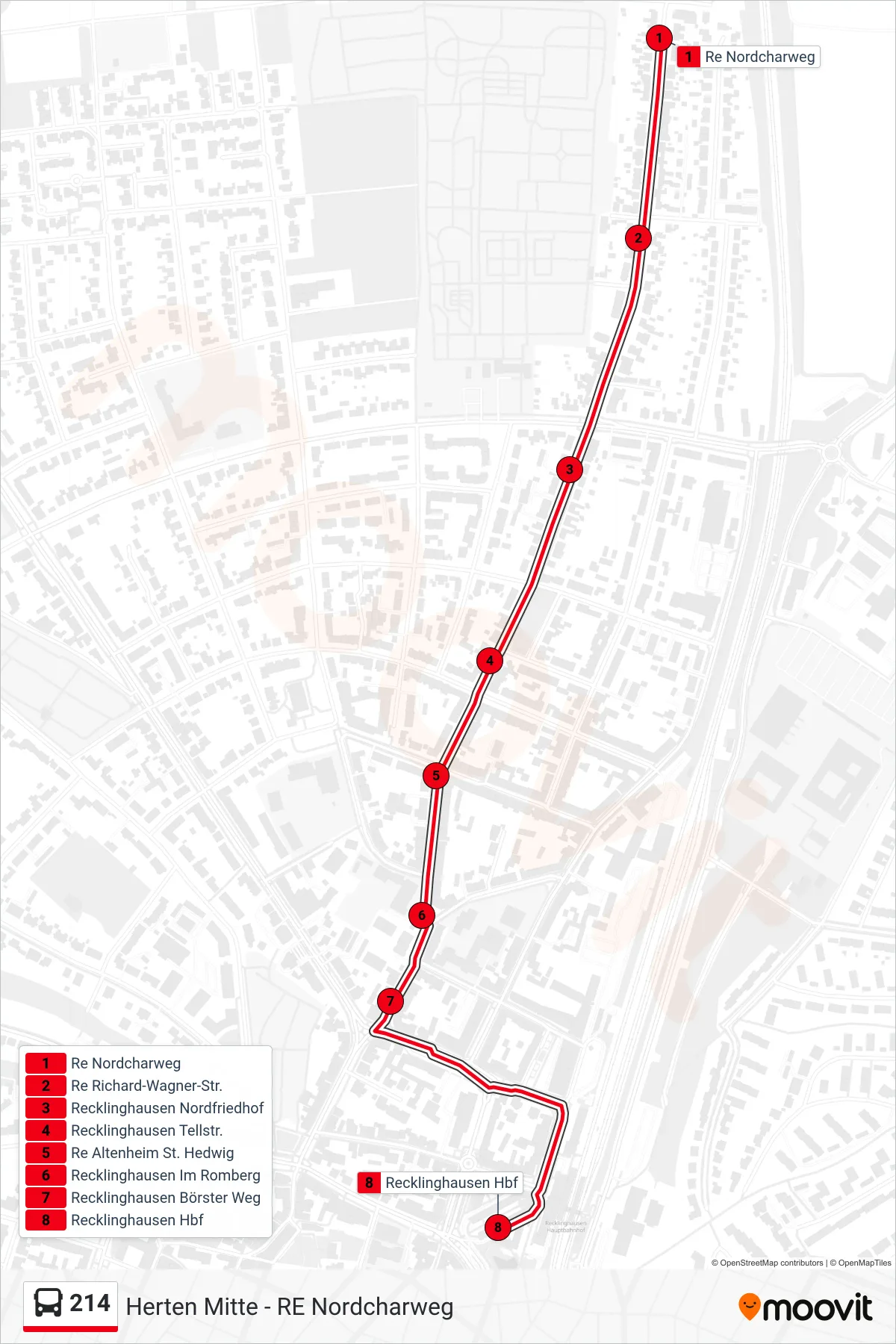 Linie 214 (Bus) Richtung Recklinghausen Hbf: Route und Haltestellen auf der Karte