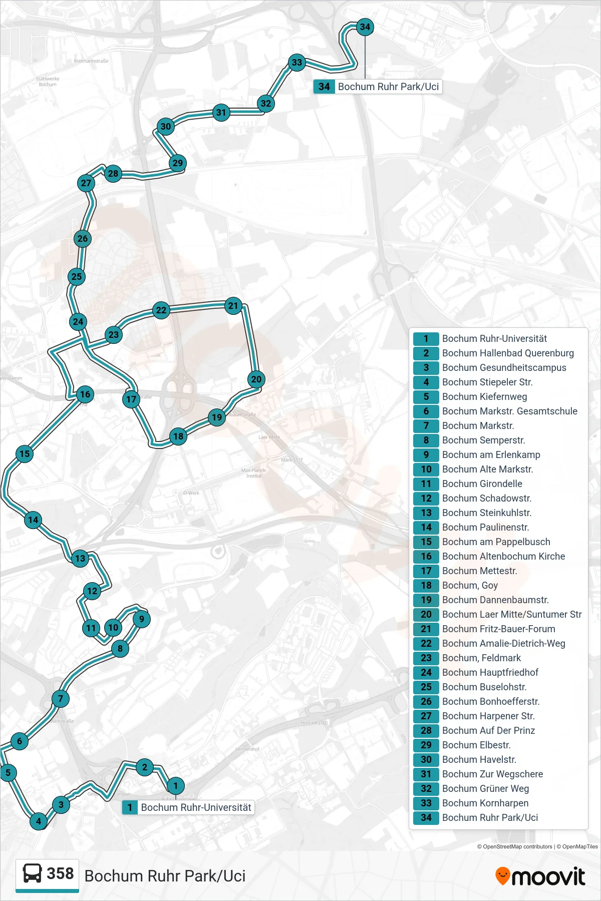 Linie 358 (Bus) Richtung Bochum Ruhr Park/Uci: Route und Haltestellen auf der Karte