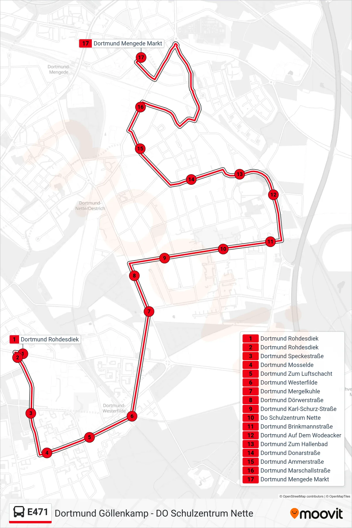 E471 bus Line (Dortmund Mengede Markt) route and stops on a map