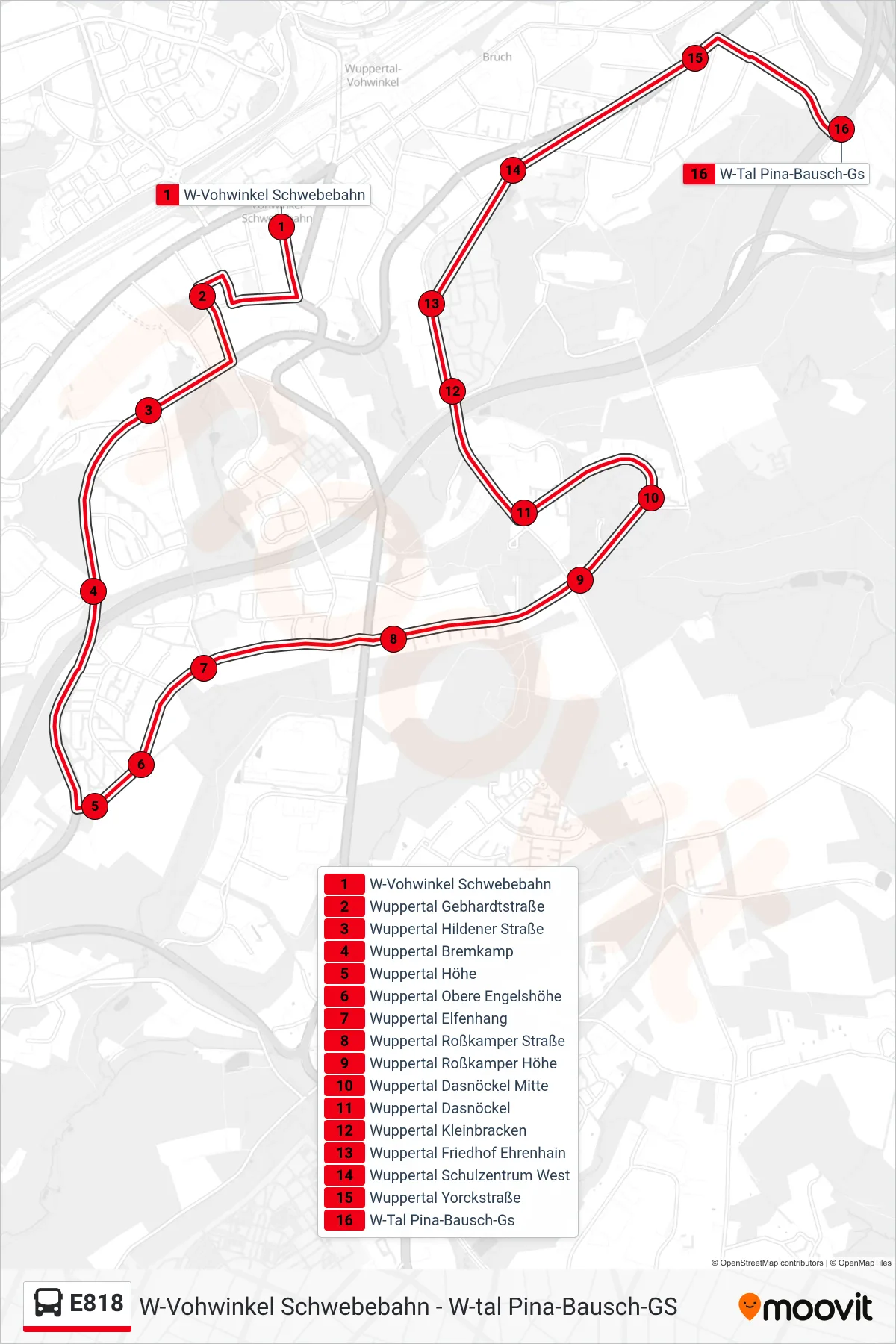 Linie E818 (Bus) Richtung W-Tal Pina-Bausch-Gs: Route und Haltestellen auf der Karte