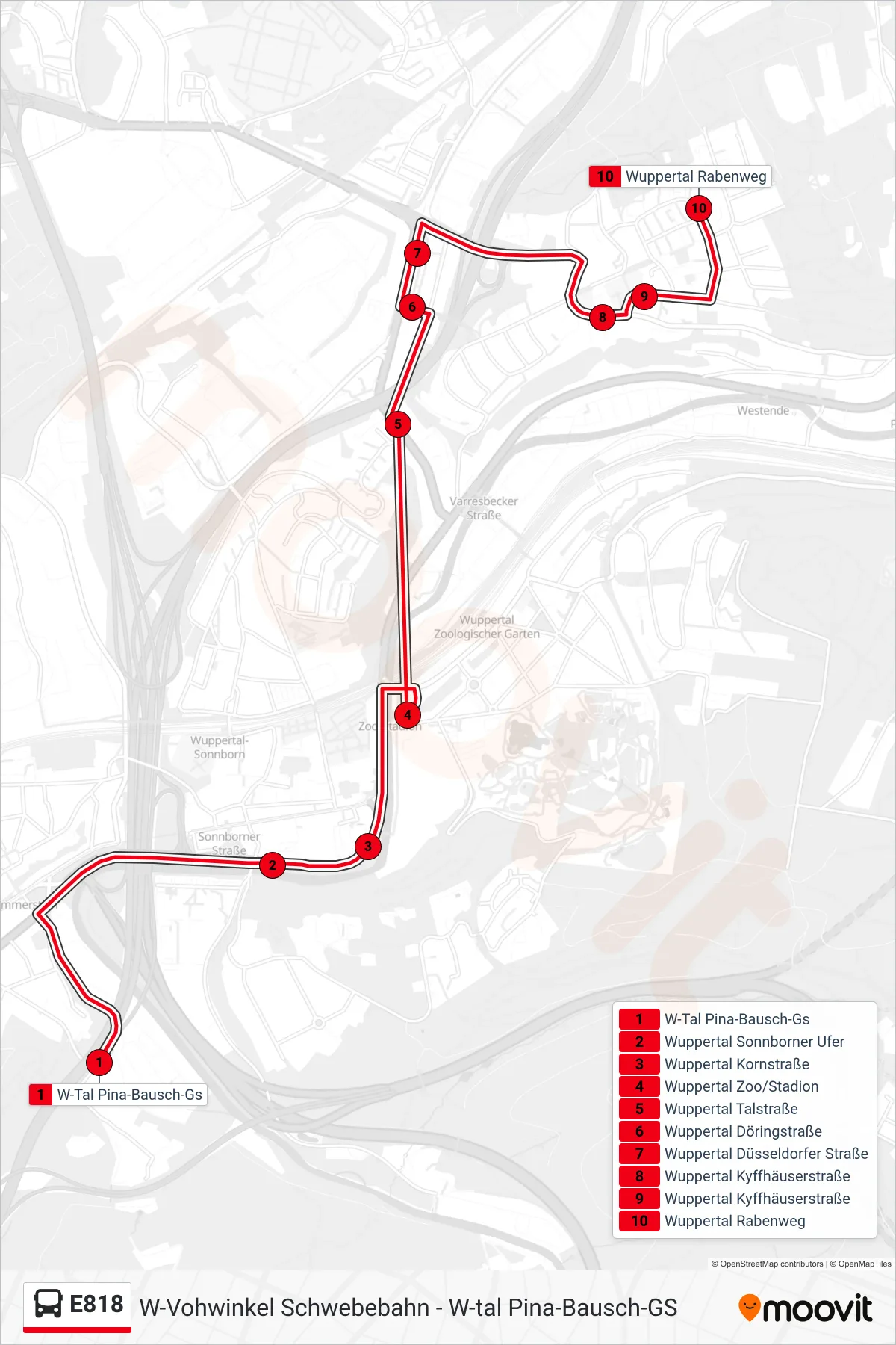 Linie E818 (Bus) Richtung Wuppertal Rabenweg: Route und Haltestellen auf der Karte