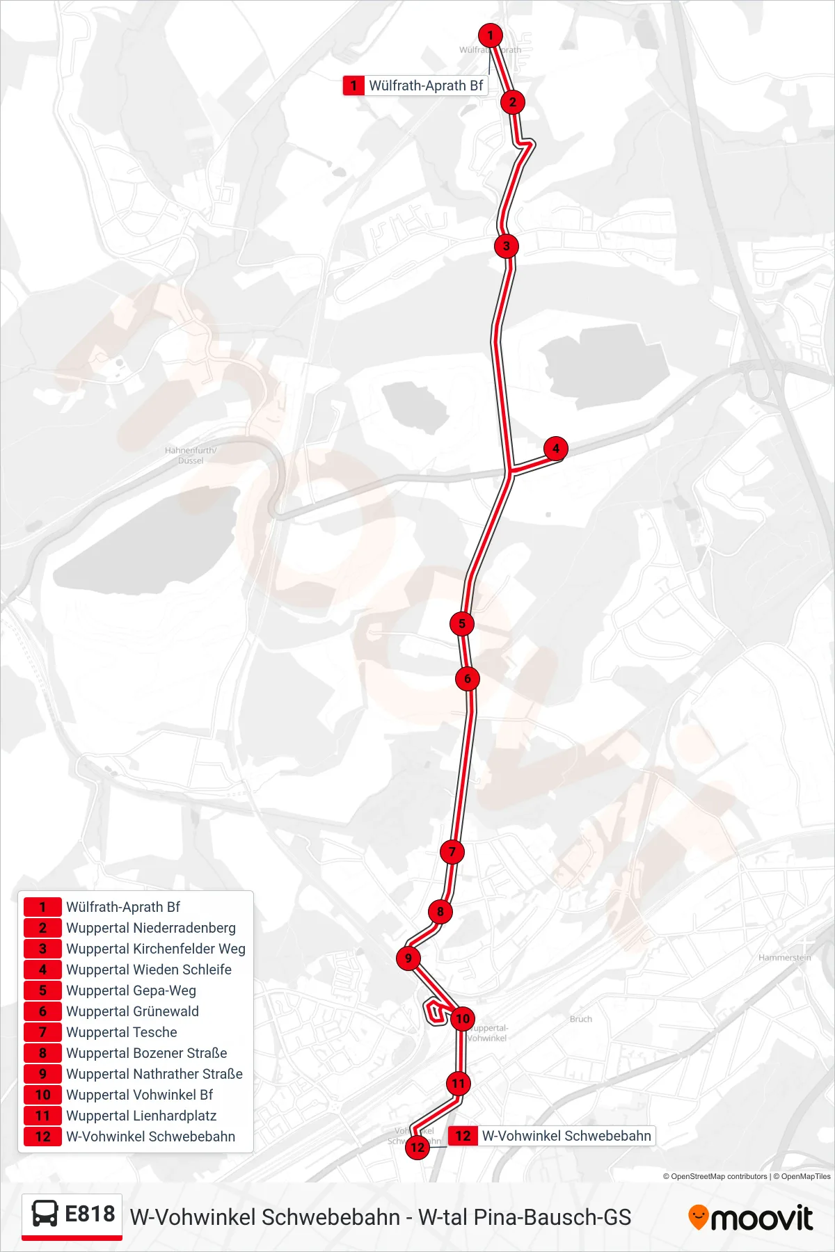 Linie E818 (Bus) Richtung W-Vohwinkel Schwebebahn: Route und Haltestellen auf der Karte