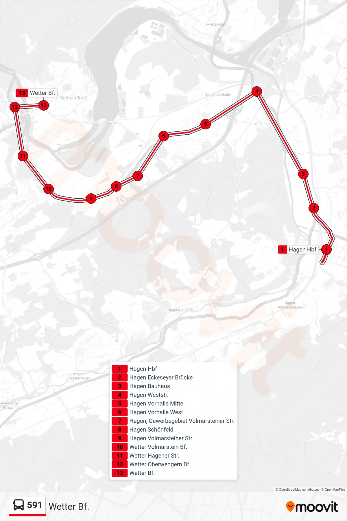 Linie 591 (Bus) Richtung Wetter Bf.: Route und Haltestellen auf der Karte