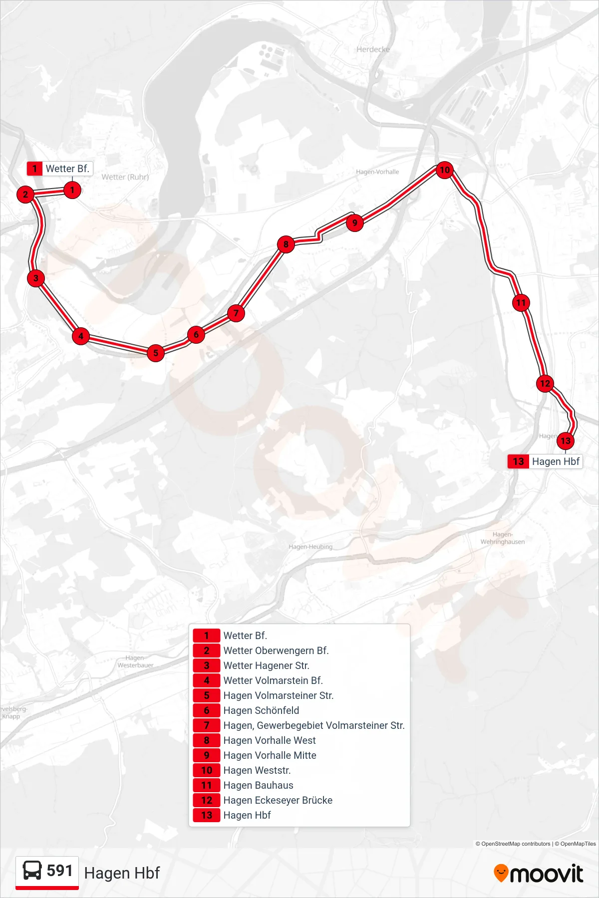 Linie 591 (Bus) Richtung Hagen Hbf: Route und Haltestellen auf der Karte