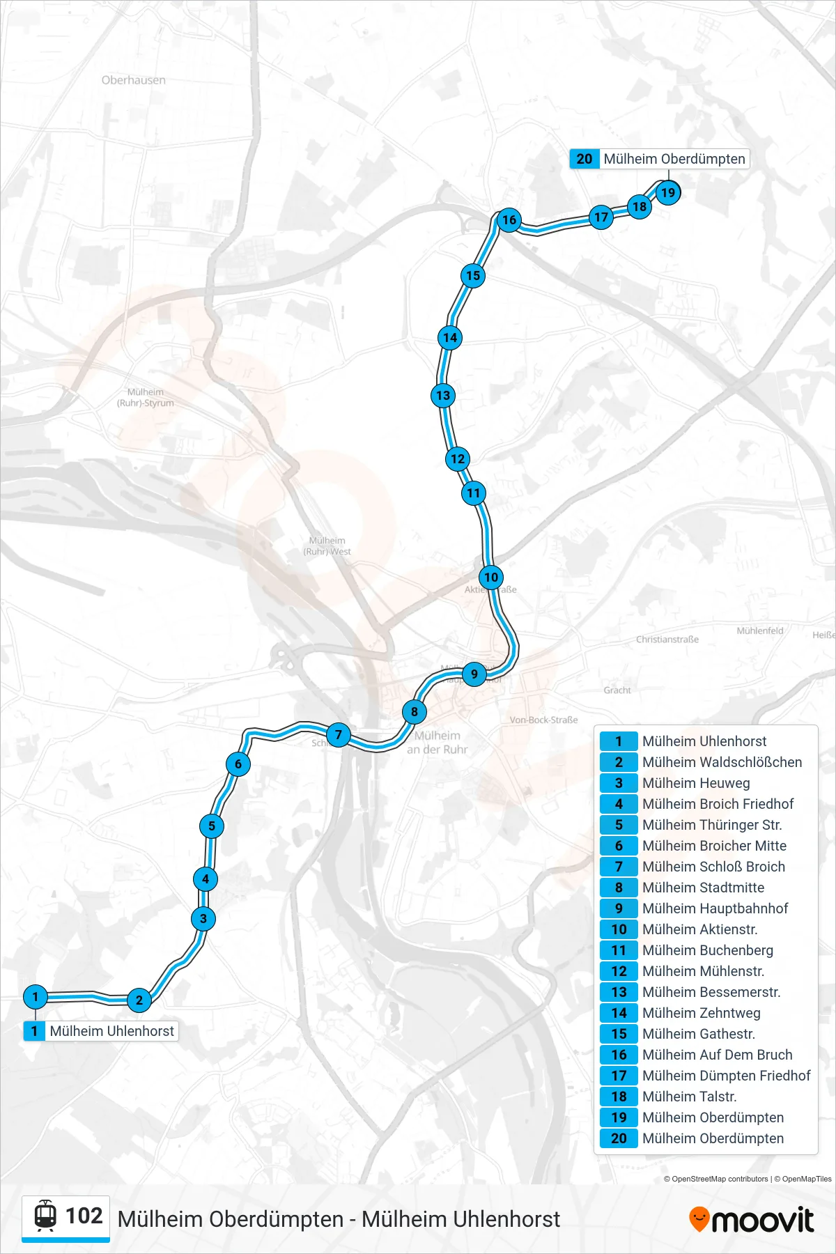 Linie 102 (Straßenbahn) Richtung Mülheim Oberdümpten: Route und Haltestellen auf der Karte