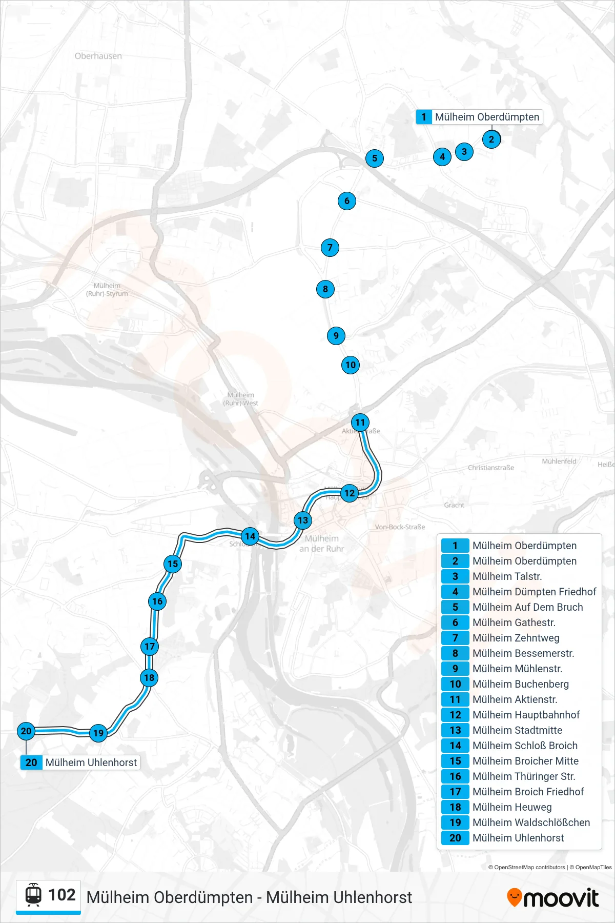 Linie 102 (Straßenbahn) Richtung Mülheim Uhlenhorst: Route und Haltestellen auf der Karte