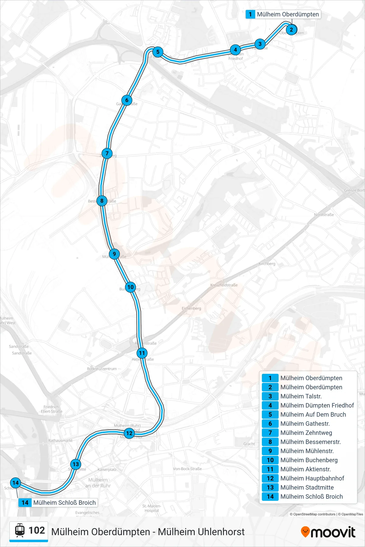 Linie 102 (Straßenbahn) Richtung Mülheim Schloß Broich: Route und Haltestellen auf der Karte