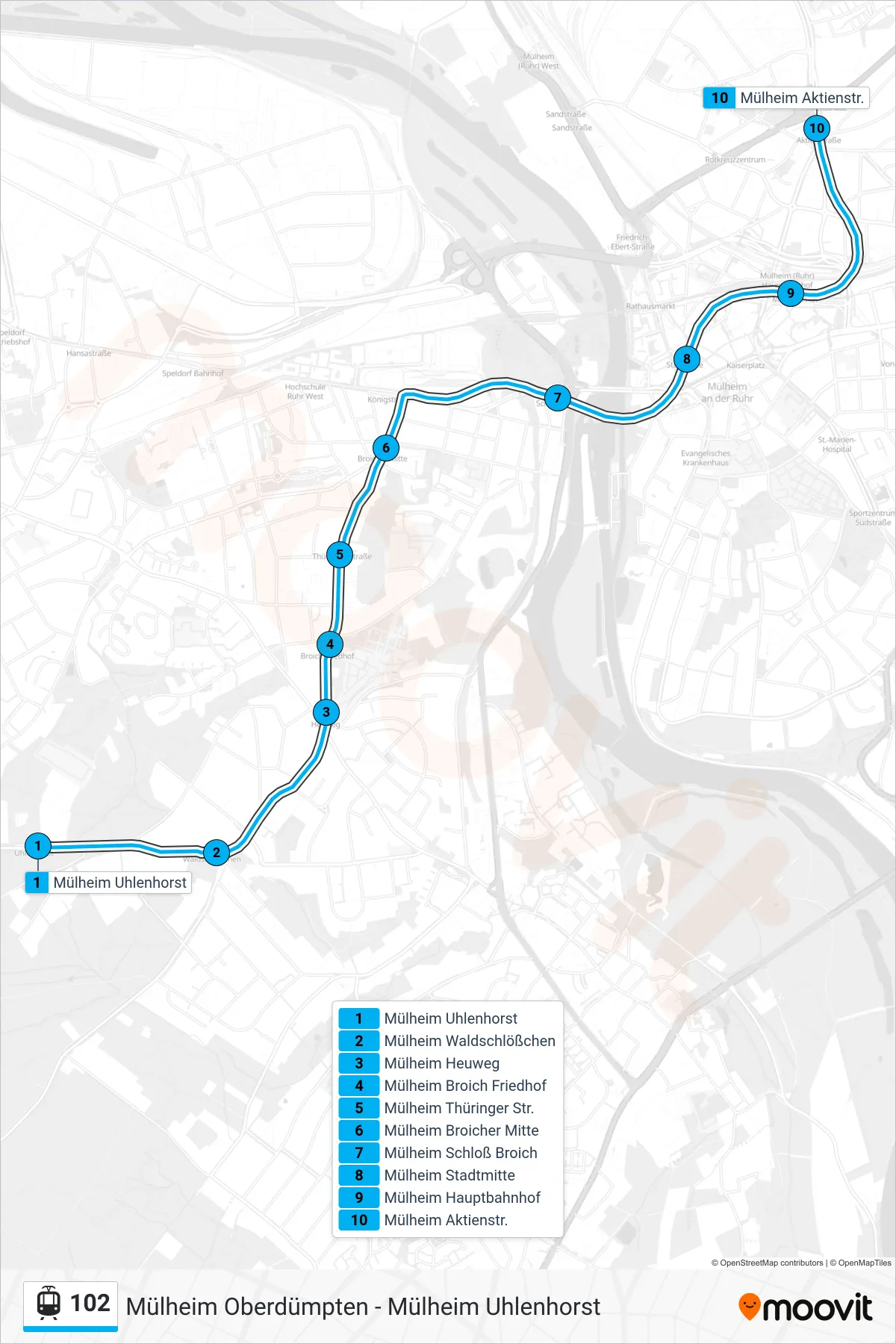 Linie 102 (Straßenbahn) Richtung Mülheim Aktienstr.: Route und Haltestellen auf der Karte
