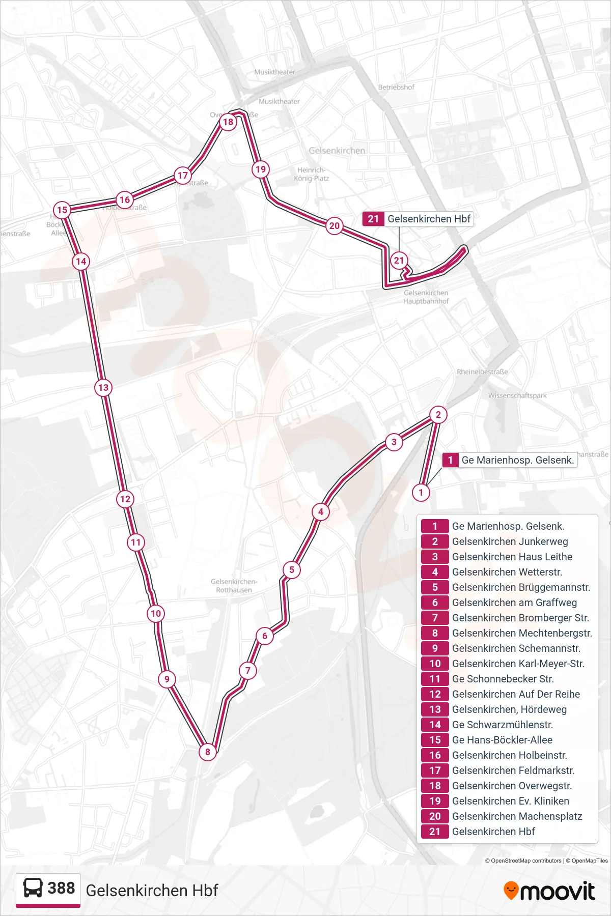 Linie 388 (Bus) Richtung Gelsenkirchen Hbf: Route und Haltestellen auf der Karte